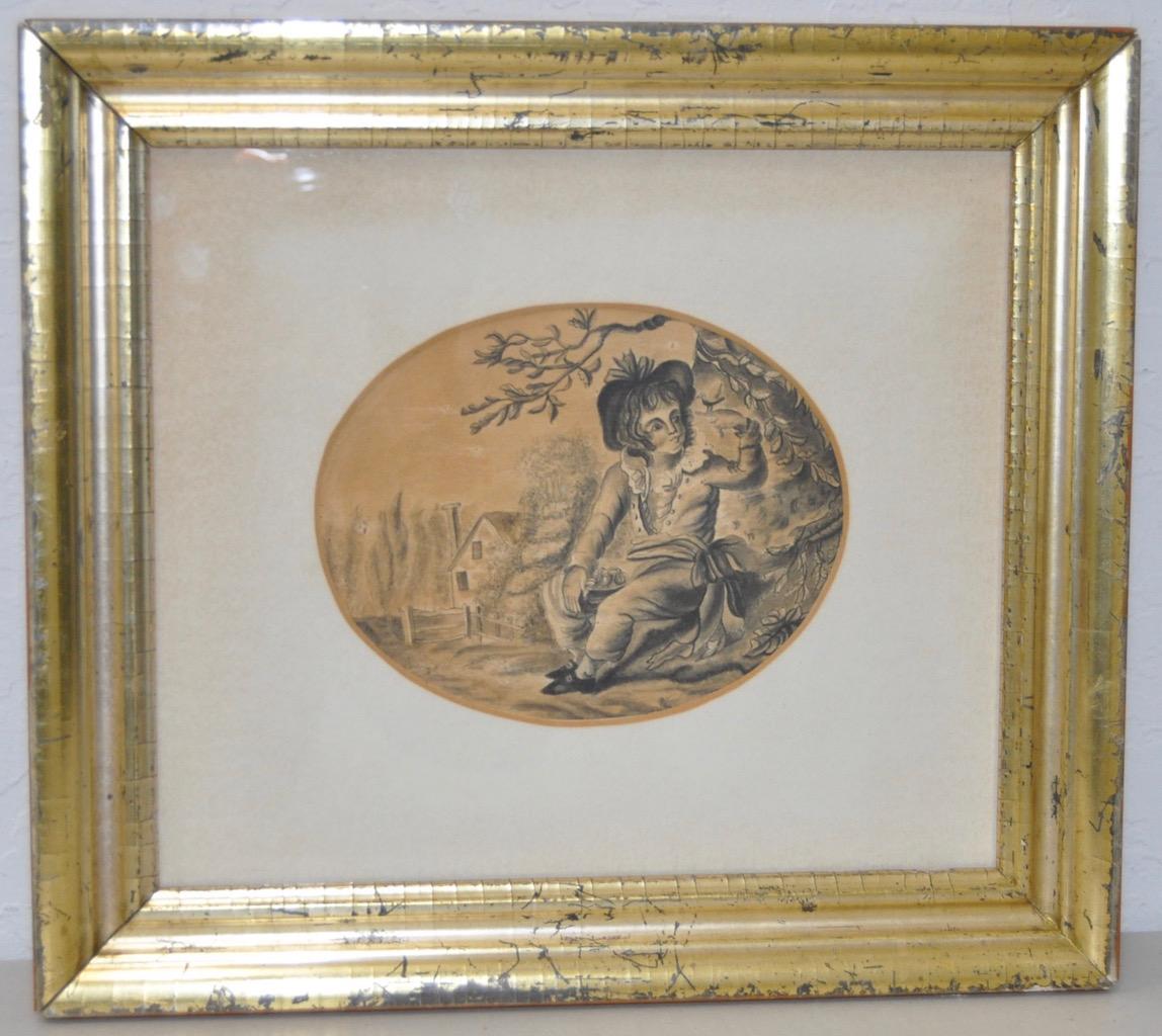 Charming early 19th century Graphite Portrait of a Young Boy with Birds