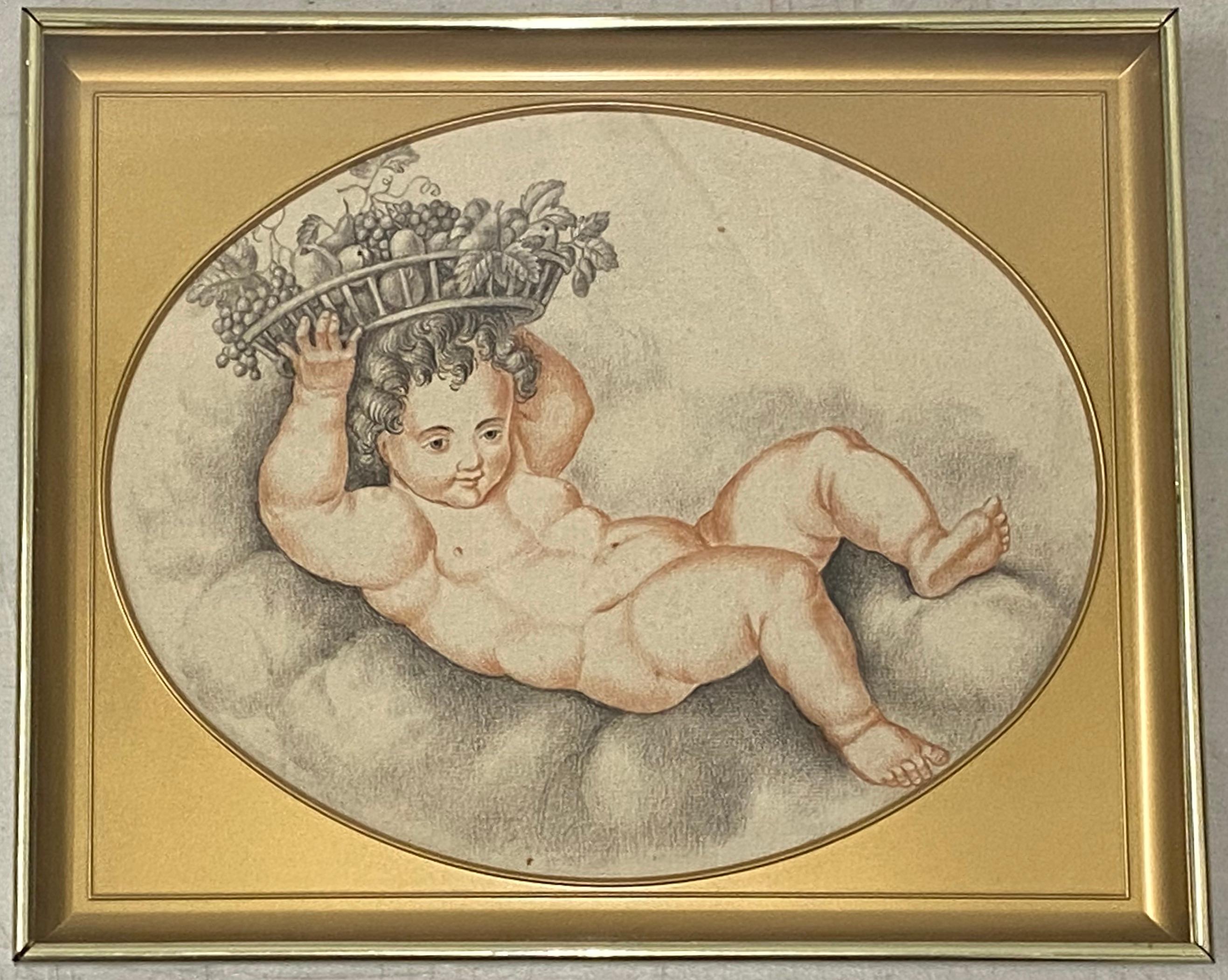 19th Century French Graphite Drawing "New Year Baby" With Basket of Fruit C.1820 - Art by Unknown
