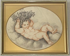 Dessin français du 19ème siècle en graphite représentant un bébé du Nouvel An avec un panier de fruits, vers 1820