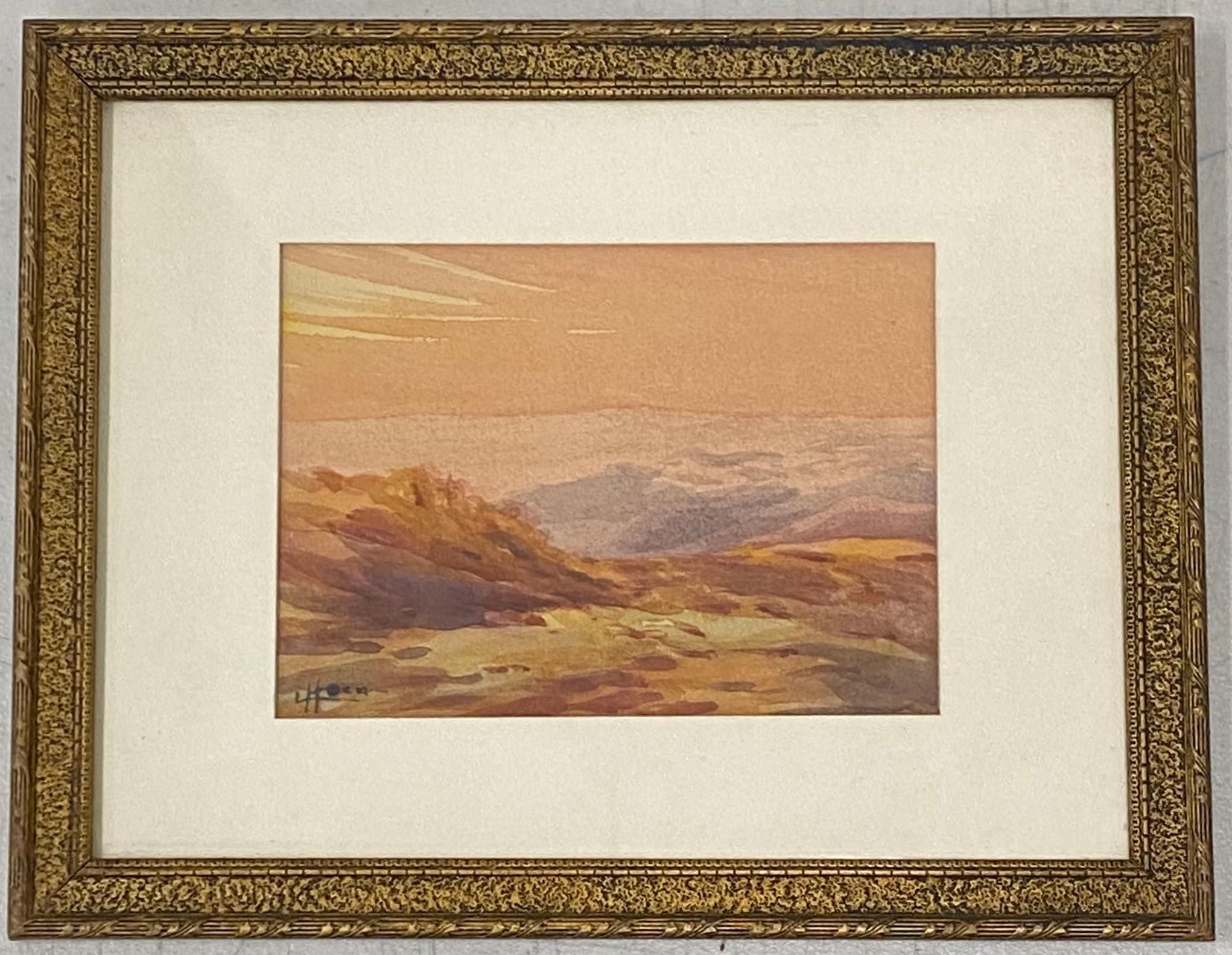 Landscape Art Unknown - Vieille peinture à l'aquarelle - Paysage de coucher de soleil en montagne du désert par L. Hoen