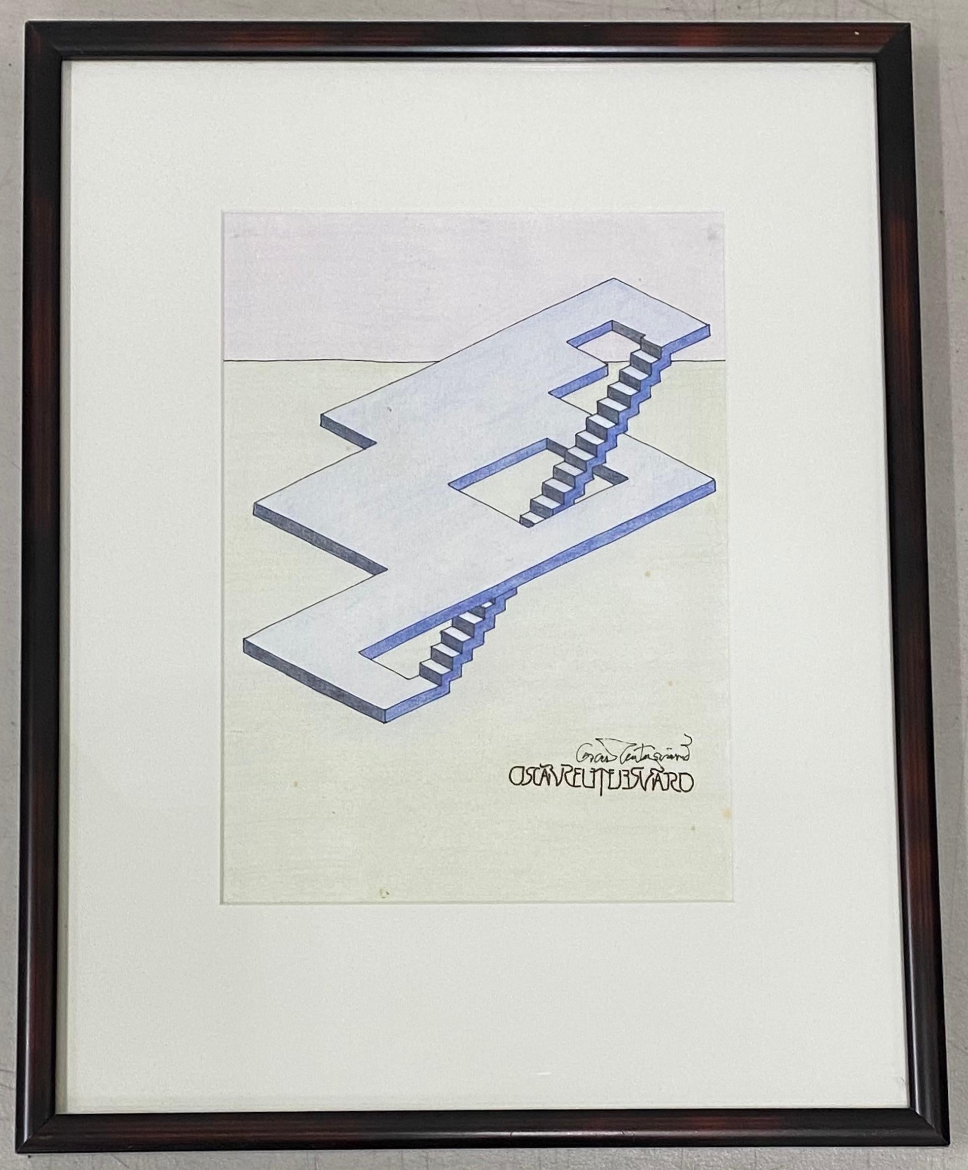 Oscar Reutersvard Dessin original Op Art à la plume, à l'encre et à l'aquarelle C.C. 1990