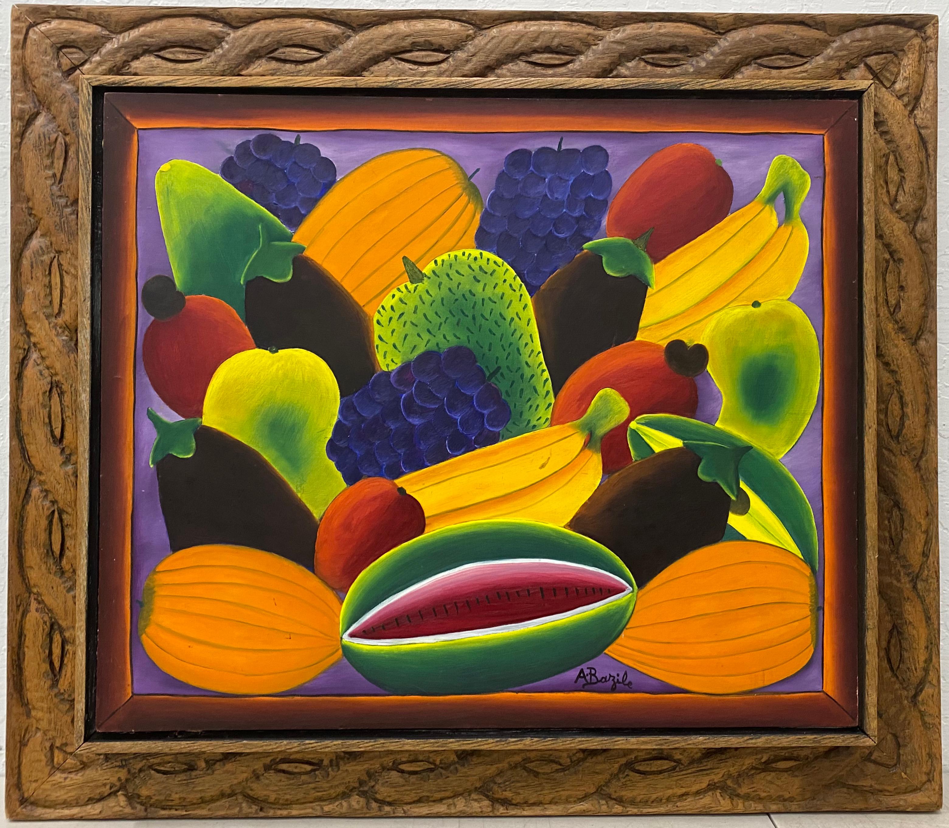 Alberoi Bazile "Fruit" Still Life Painting in Hand Carved Frame C.1970