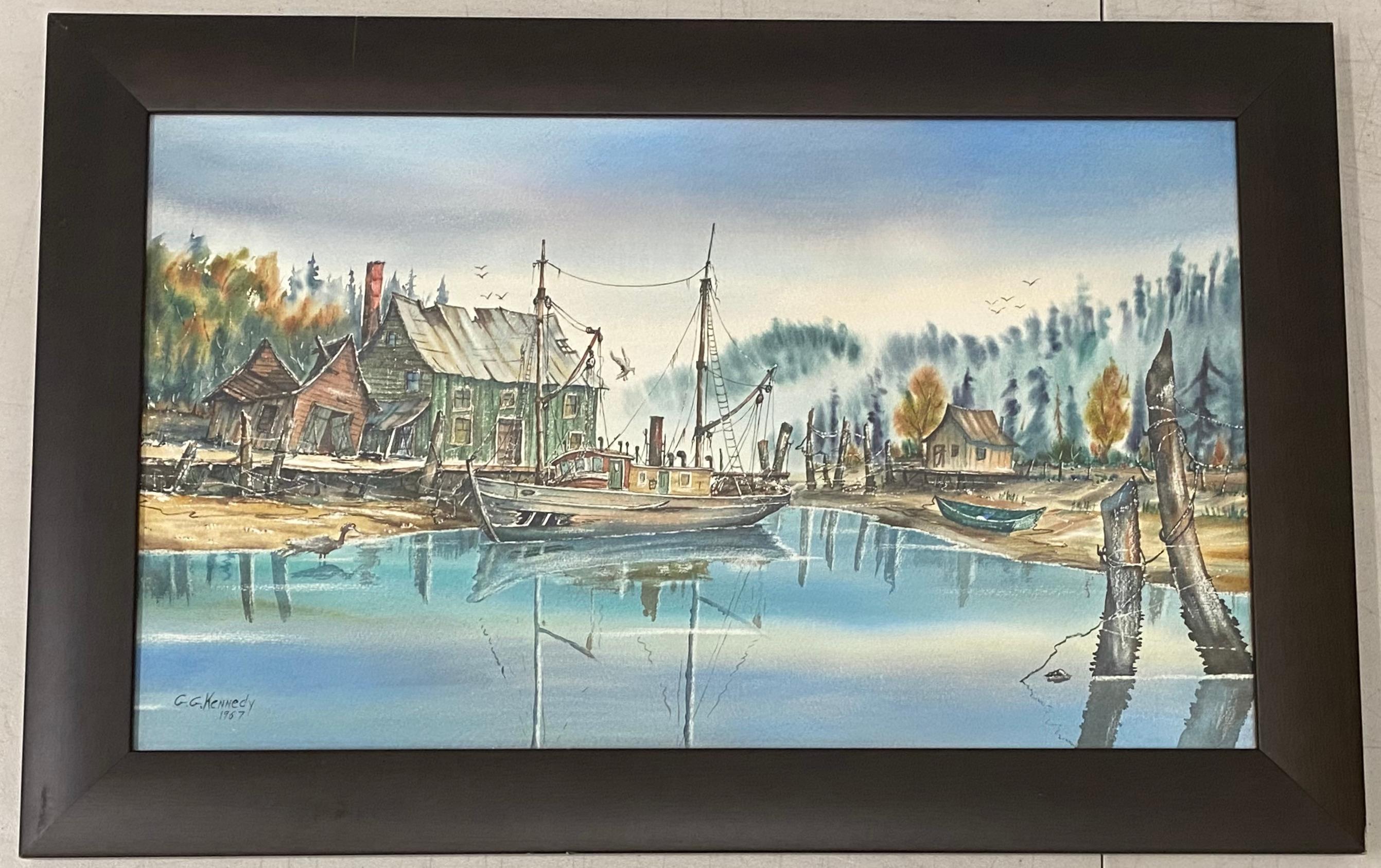 Unknown Landscape Art – Pacific Northwest Harbor Scene, Original-Aquarell von G.G. Kennedy, ca. 1967