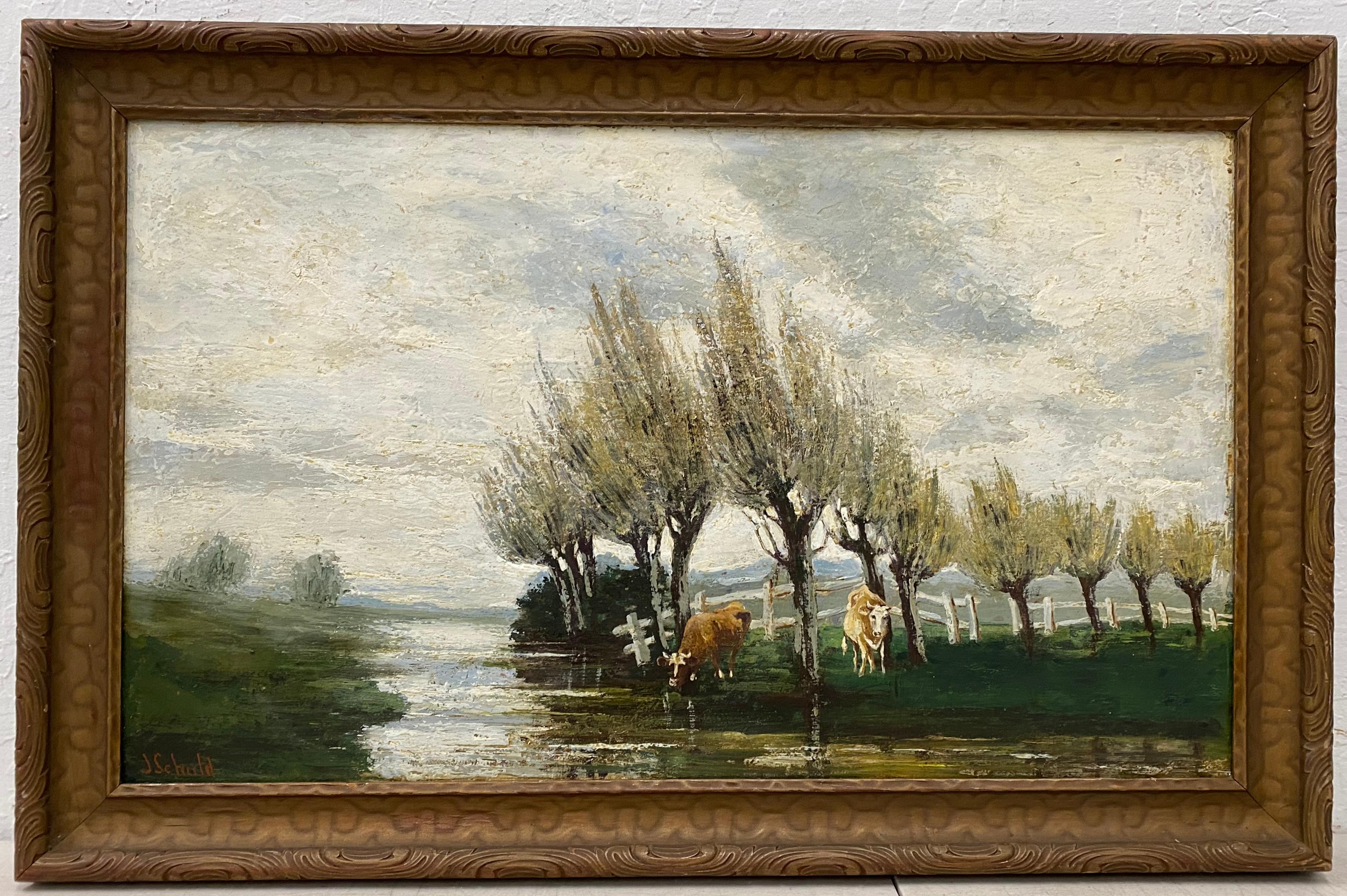 Johann Schuld (1870-1943) Paysage de campagne avec bétail Peinture à l'huile C.1920

Huile originale sur masonite

Dimensions 25" de large x 15" de haut

le cadre mesure 28,5" de large x 18,5" de haut

Signé par l'artiste dans le coin inférieur