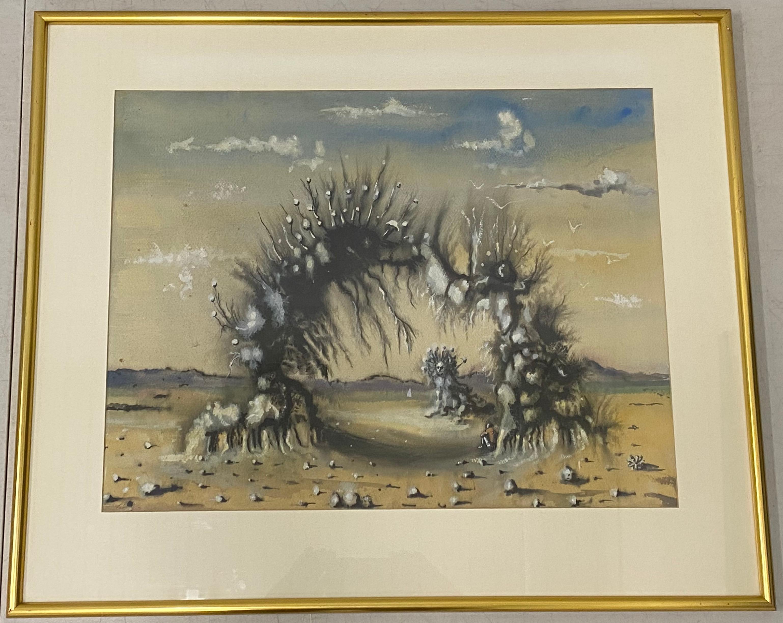 Original Vintage-Aquarell „ Surreal Landscape“, ca. 1970