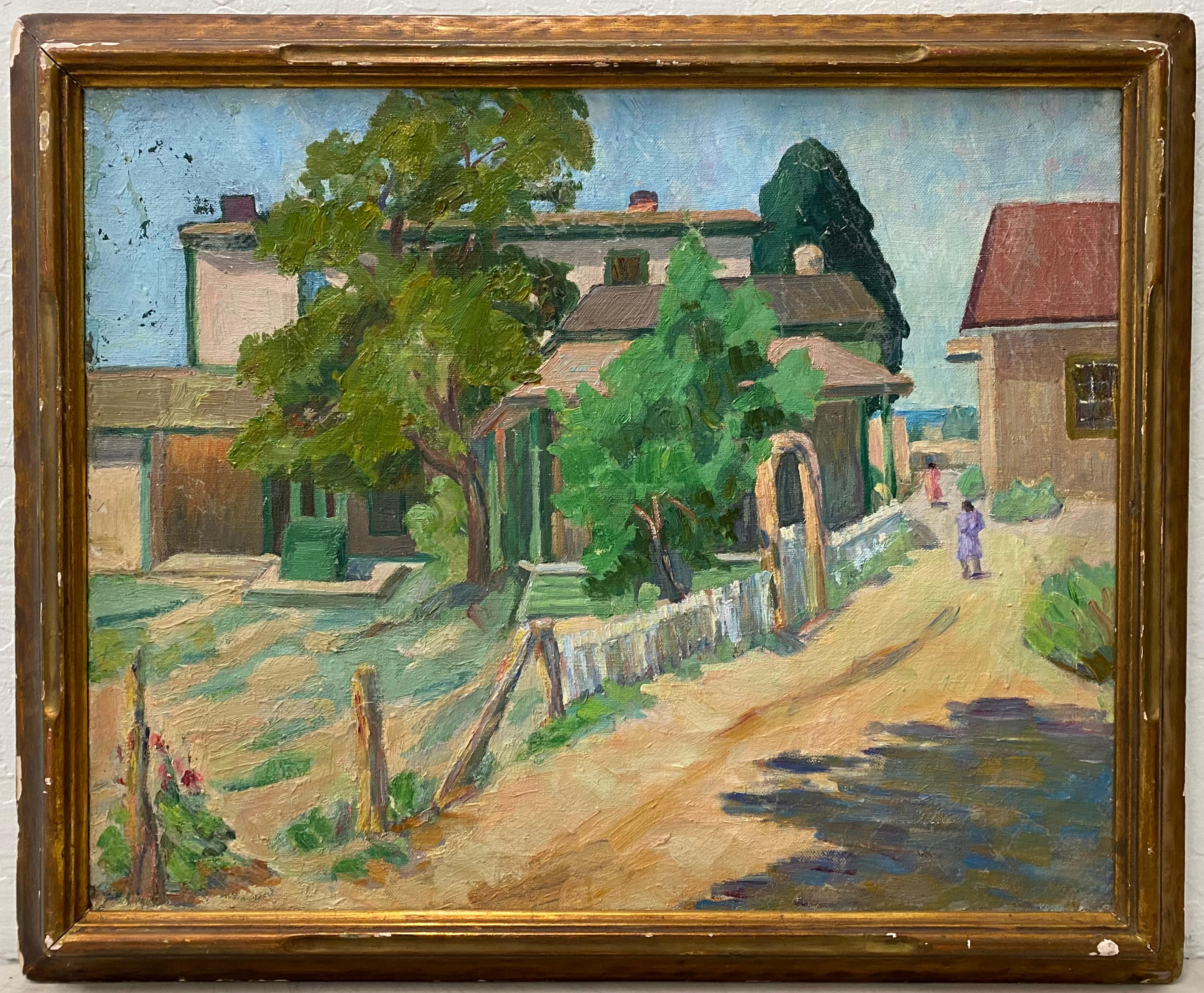 Peinture à l'huile Laura Hoernig - Paysage du Nouveau-Mexique avec maisons et personnages, c.1930
