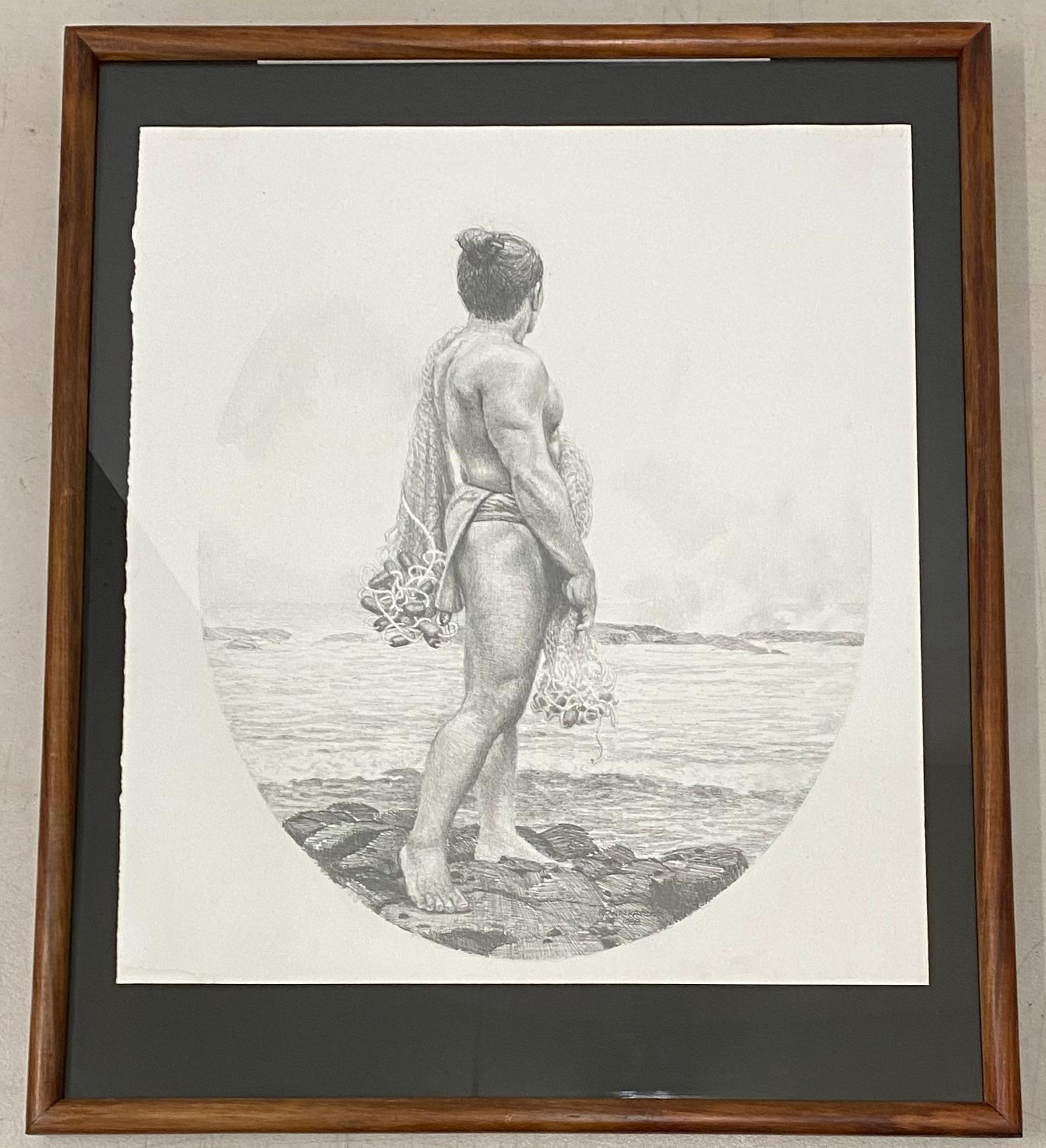 Edwin Kayton "Hawaiianischer Mann" Original-Graphit-Porträt C.1998

Ein junger muskulöser Mann aus Hawaii fischt Netze

Abmessungen 19,5" breit x 17,5" hoch

Der einfache Rahmen (leicht beschädigt) misst 21" breit x 25" hoch

Unterzeichnet und