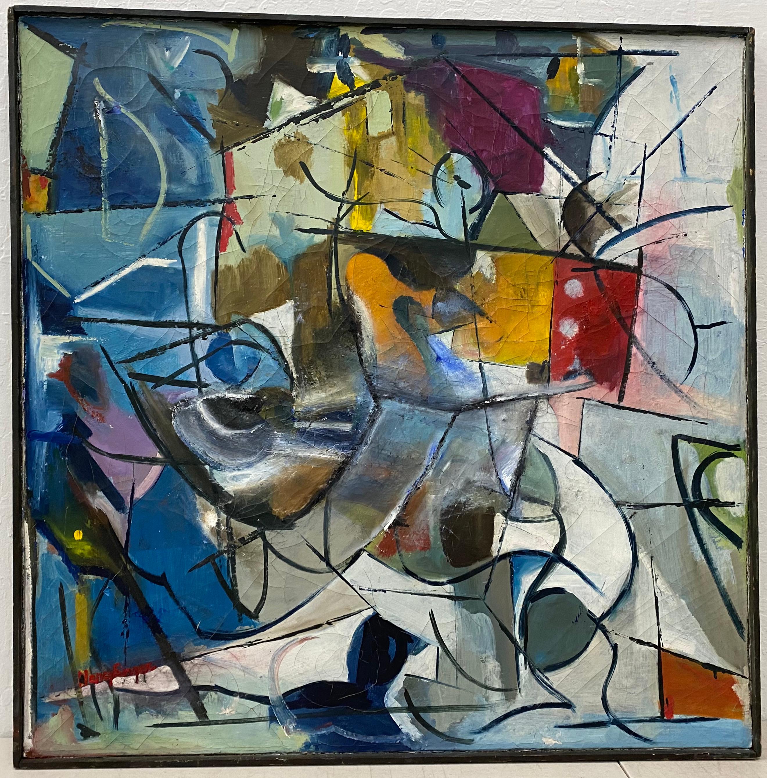 Nancy Singer (American, b. 1912) 

Original oil on canvas

Dimensions 30" wide x 30" high

Frame dimensions 30.5" wide x 30.5" high

The painting shows craquelure throughout (see pics)

A painter and sculptor in modernist style, Nancy Singer studied
