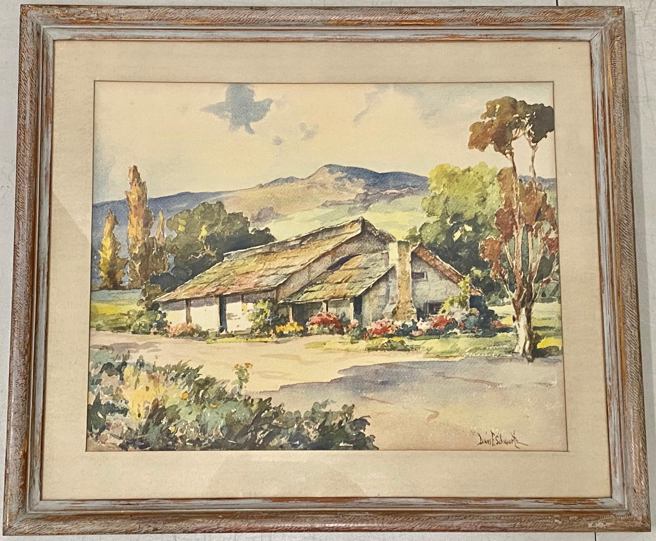 Davis Francis Schwartz Landscape Print - Davis F. Schwartz "Historic First Theater, Monterey County" PRINT c.1950