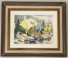 Robert Freiman "Boats at Harbor", aquarelle originale, vers 1970