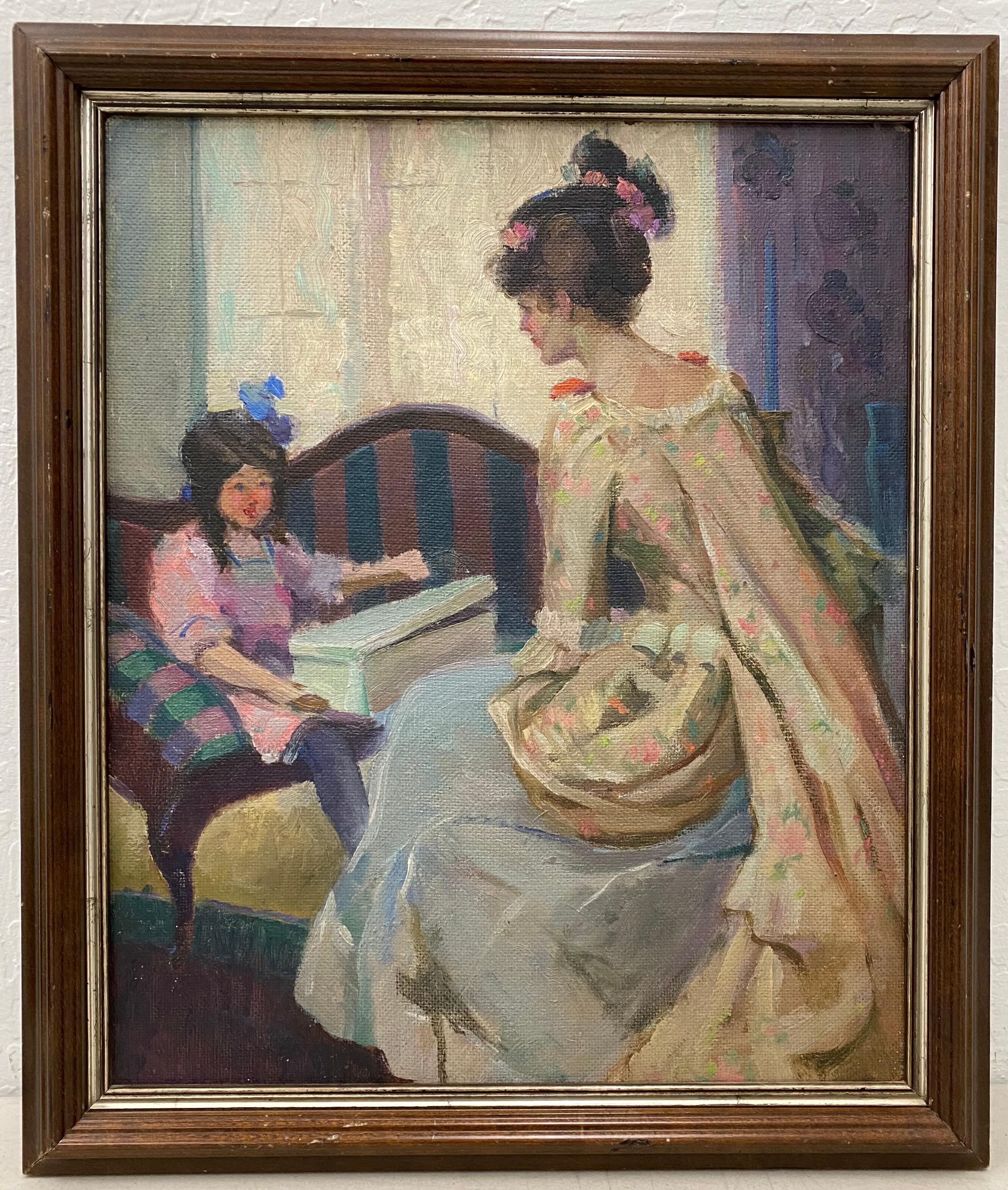 Interior Painting Henry Charles Hanning - « Mère et fille », peinture à l'huile originale de Henry Charles Hannig datant de 1930 environ