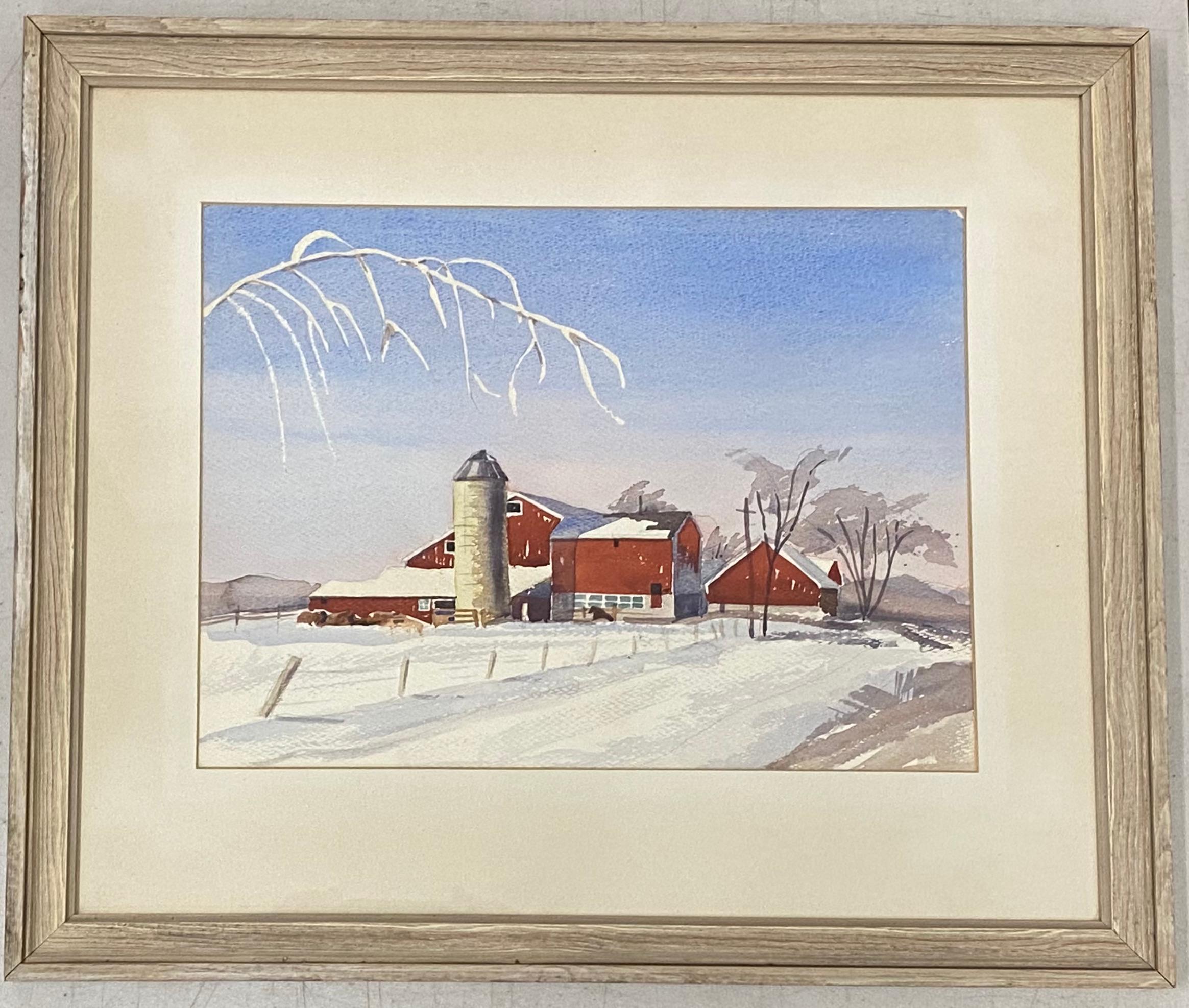 Unknown Landscape Art - Vintage Watercolor of a Red Barn in a Winter Landscape Mid 20th Century