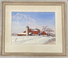 Aquarelle vintage d'une grange rouge dans un paysage d'hiver, milieu du 20e siècle