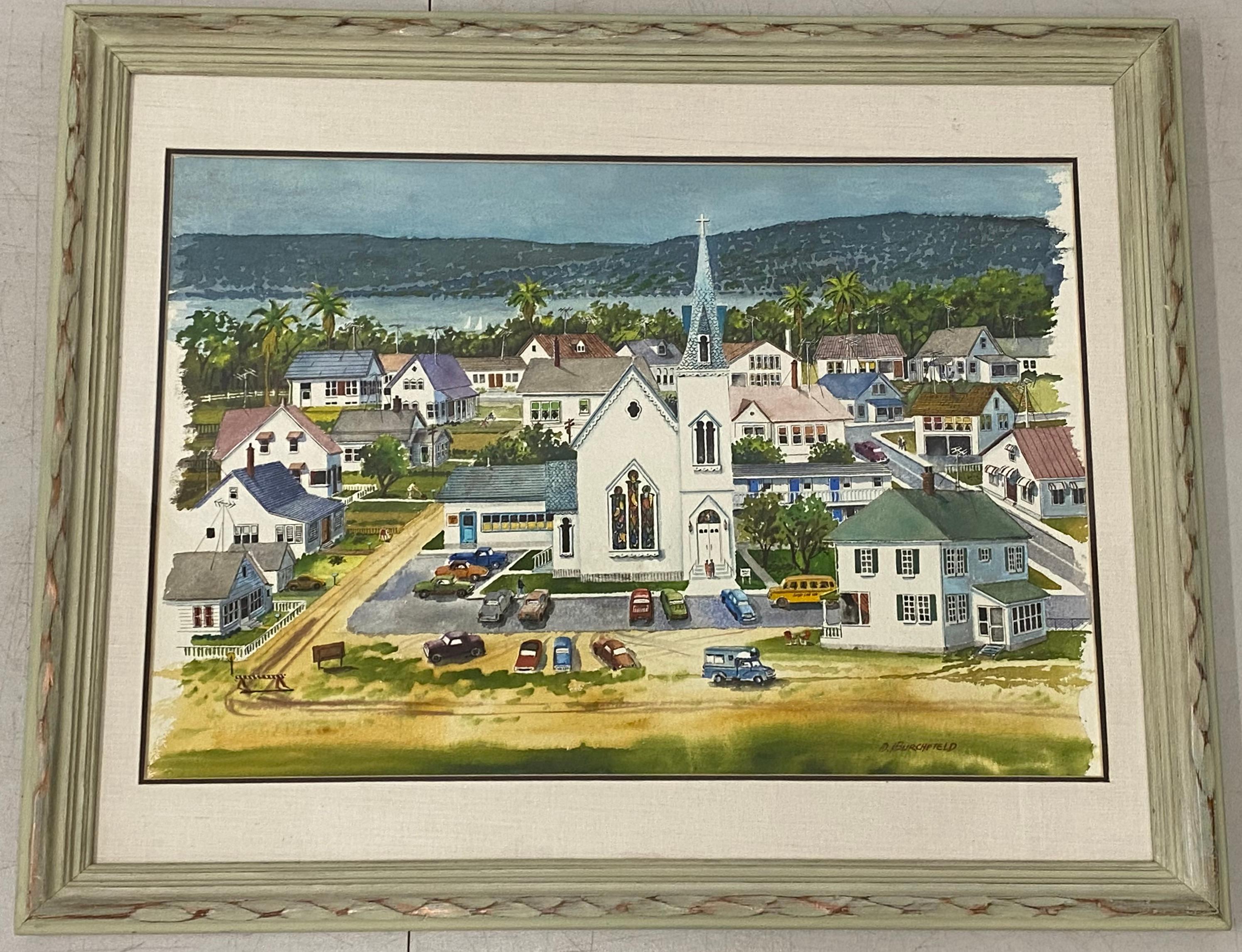 Unknown Landscape Art - 20th Century "Coastal Church on Sunday" Original Watercolor by Burchfield