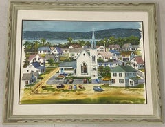 Siglo XX "Iglesia costera en domingo" Acuarela original de Burchfield