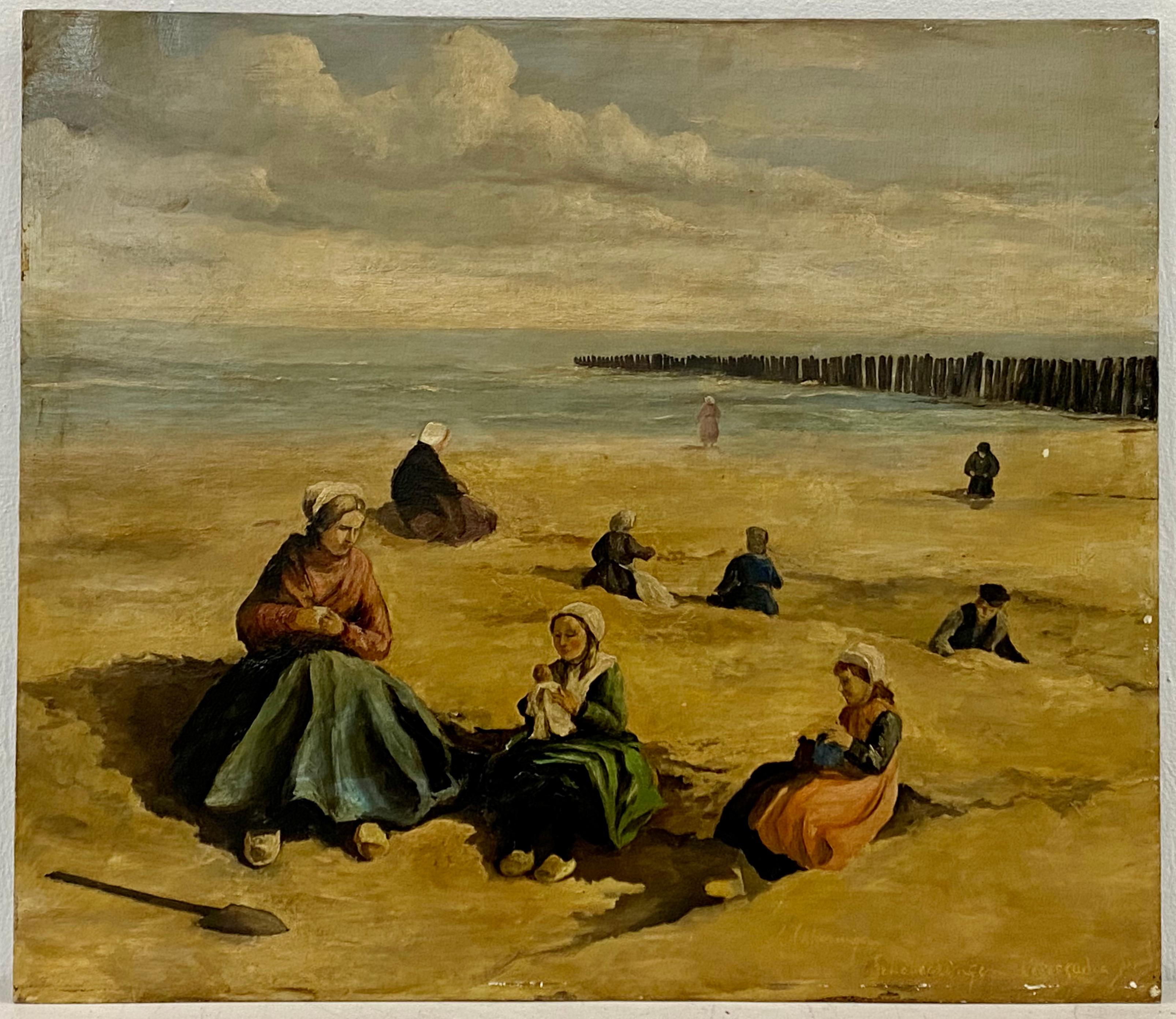 Peinture à l'huile de scène de plage Akkeringa dans le style de Johannes Evert Hendrik Hendrik, vers 1920