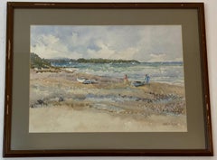 Kathleen Margaret England Low Tide W/ Figures and Boats Original Watercolor 