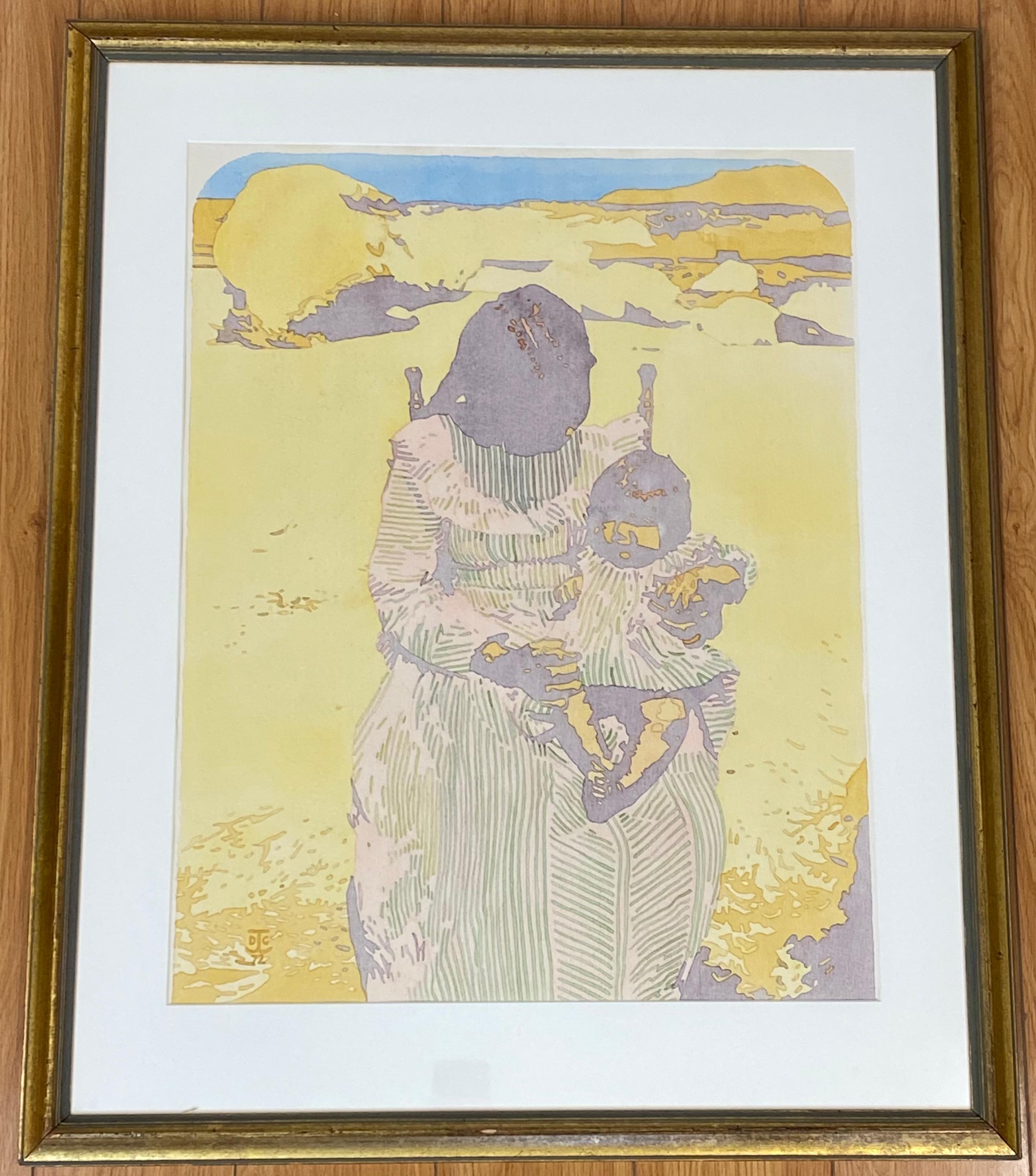 Unknown Portrait - Fine Native American Mother With Child Watercolor by D. Collins C.1970s