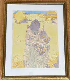 Fine aquarelle amérindienne représentant une mère et son enfant par D. Collins, années 1970