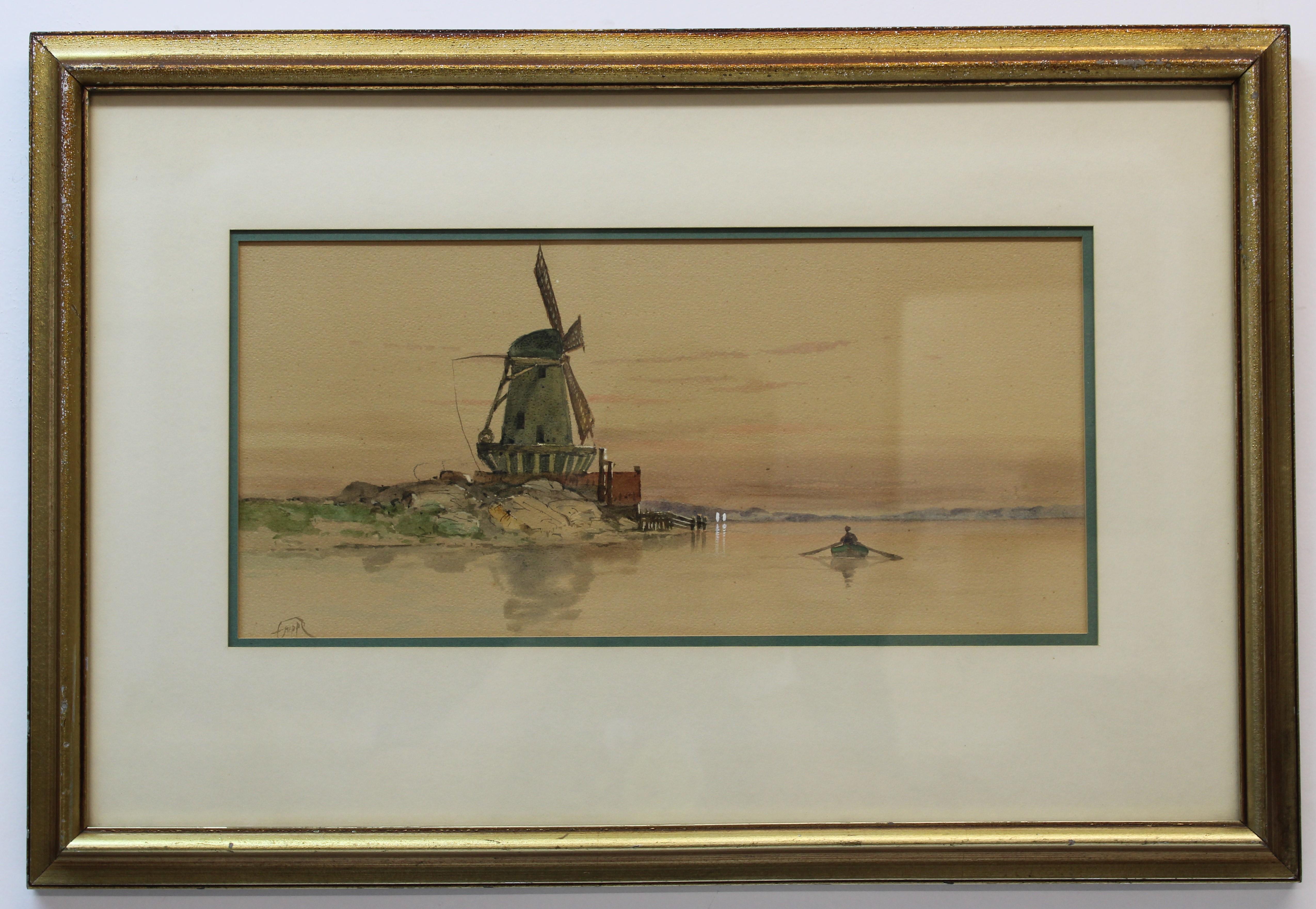 Unknown Landscape Art - Frippe "Windmill By The Lake" Watercolor 