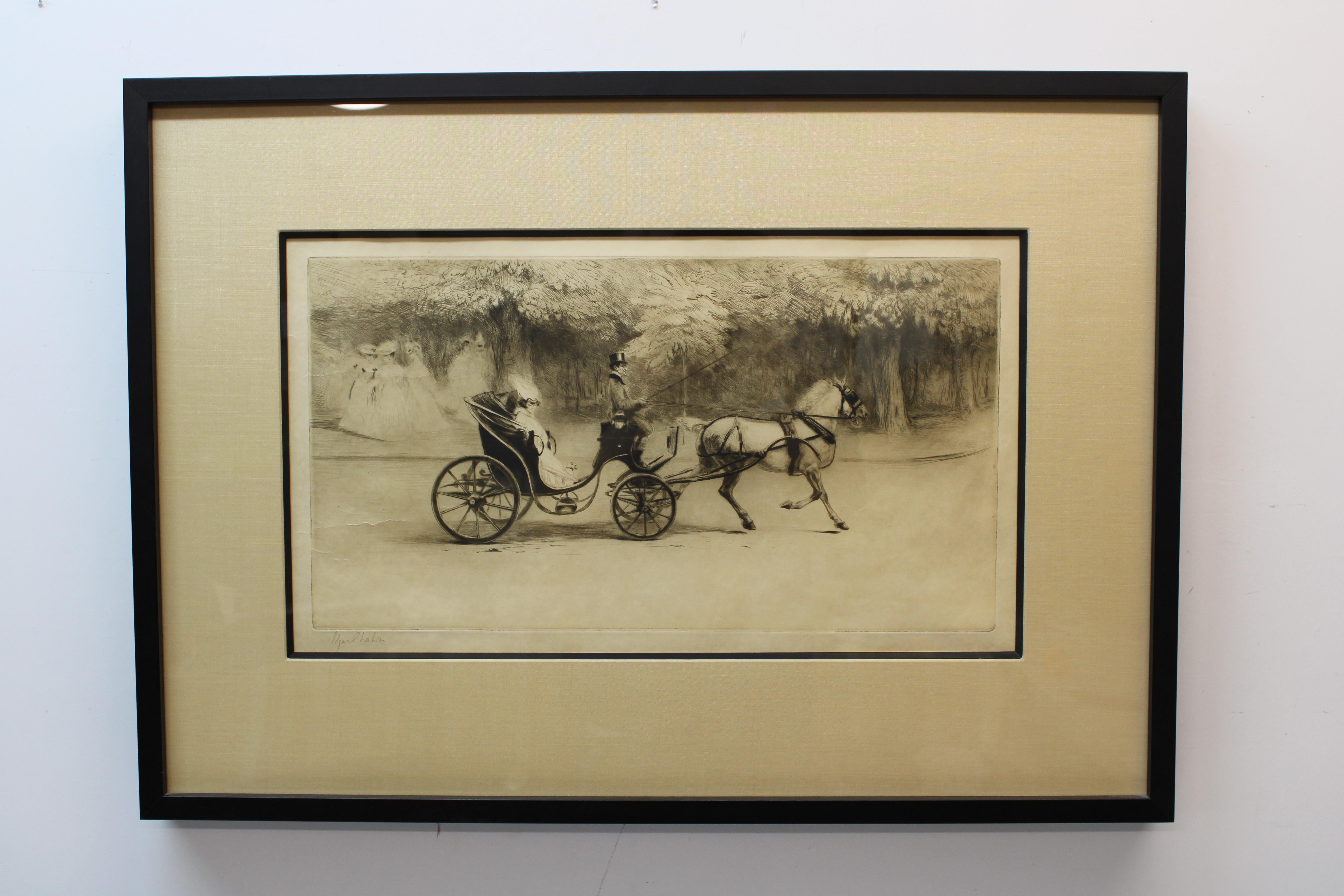 C. Fin du 19ème siècle / Début du 20ème siècle - Gravure représentant un cheval et une voiture par Edgar Chahine ( Signé au crayon )