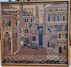 Vintage European Architectural Drawing on Wood Vintage European Architectural Drawing on Wood