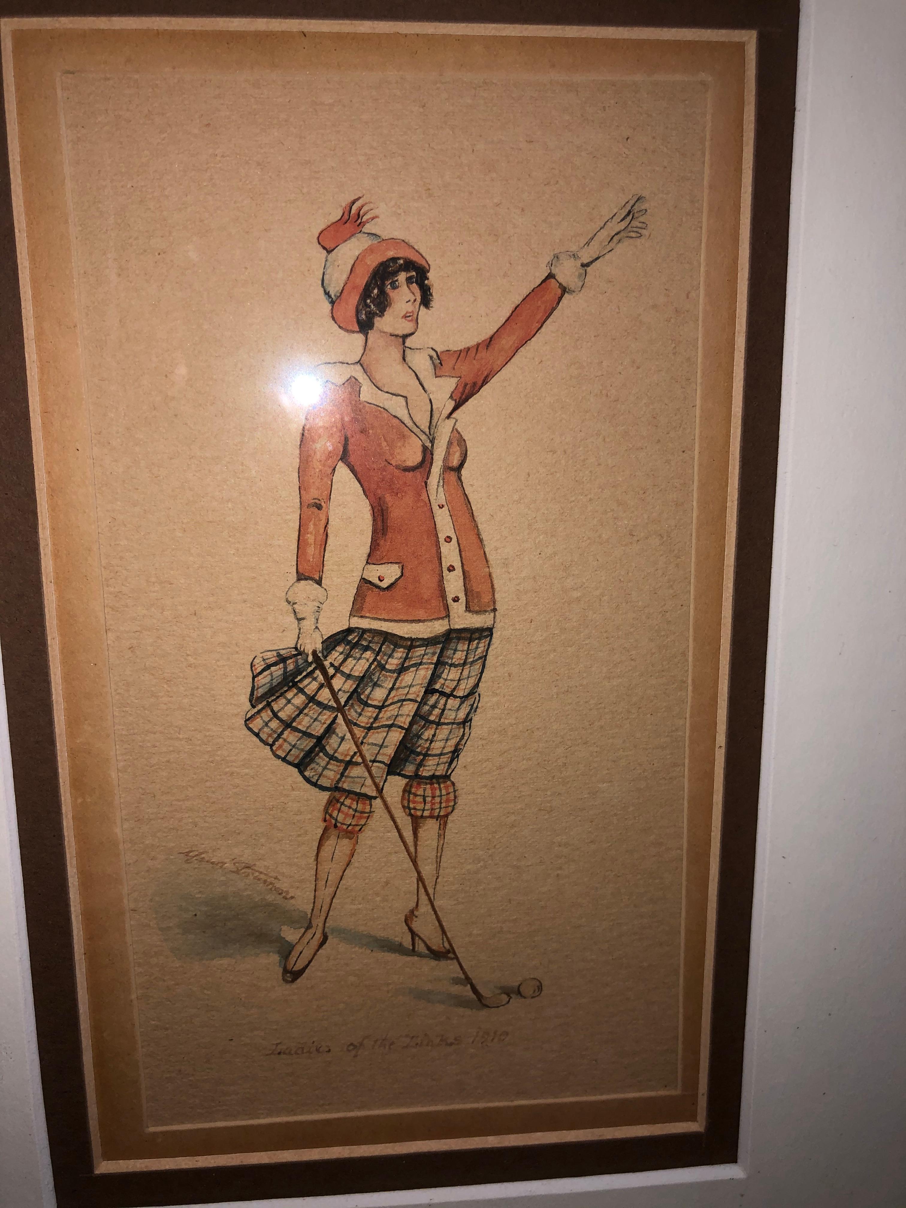 Maud Stumm Pair of original 19th Century Ladies Golf Watercolors For Sale 1