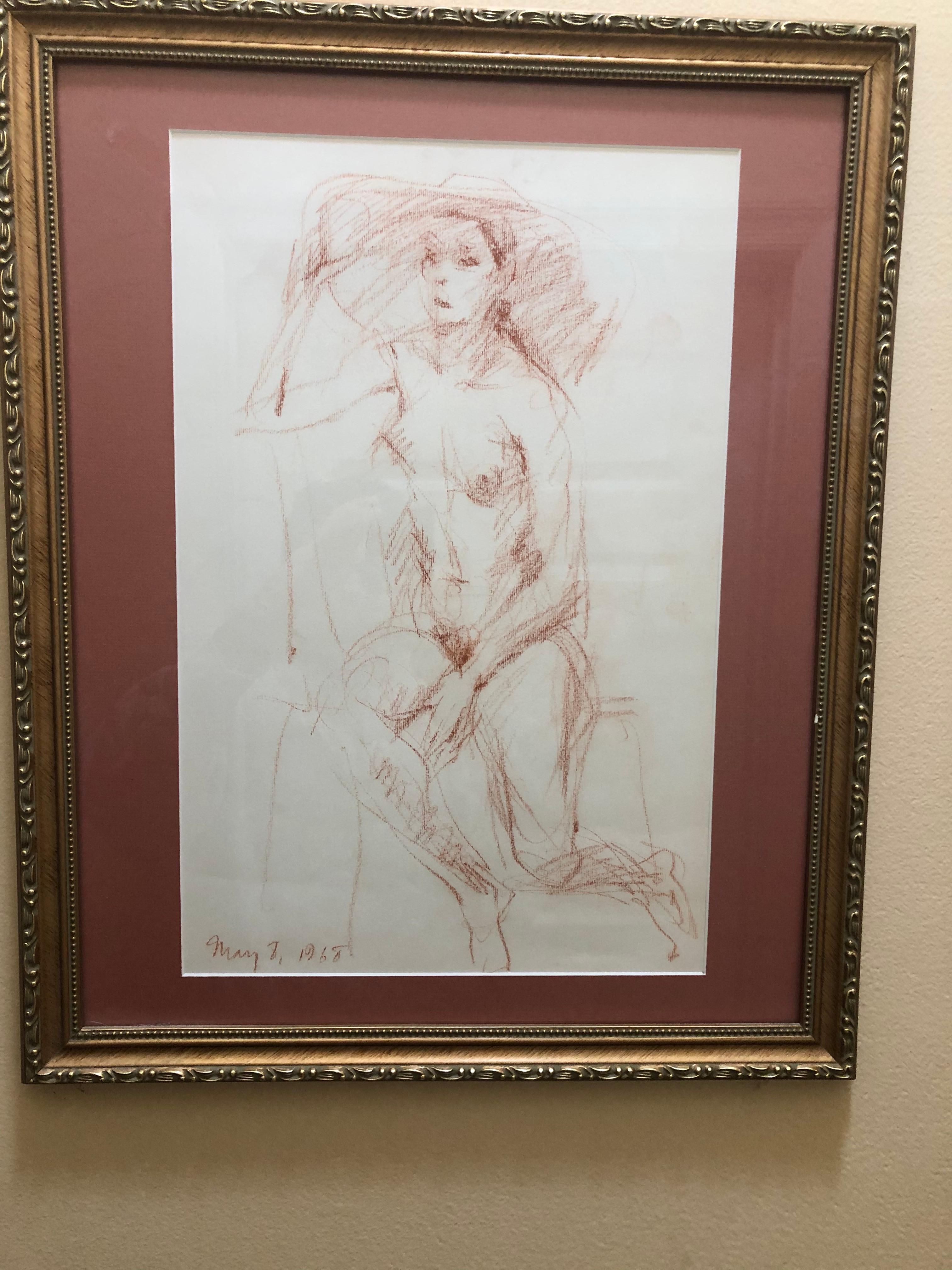  Fabulous mystery 1968 sepia drawing of a nude woman. This drawing is finely executed by an obviously talented artist. It is dated but no apparent signature. Drawing measures approximately 17 1/4 inches high by 11 1/4 wide. The frame measures 22 1/4
