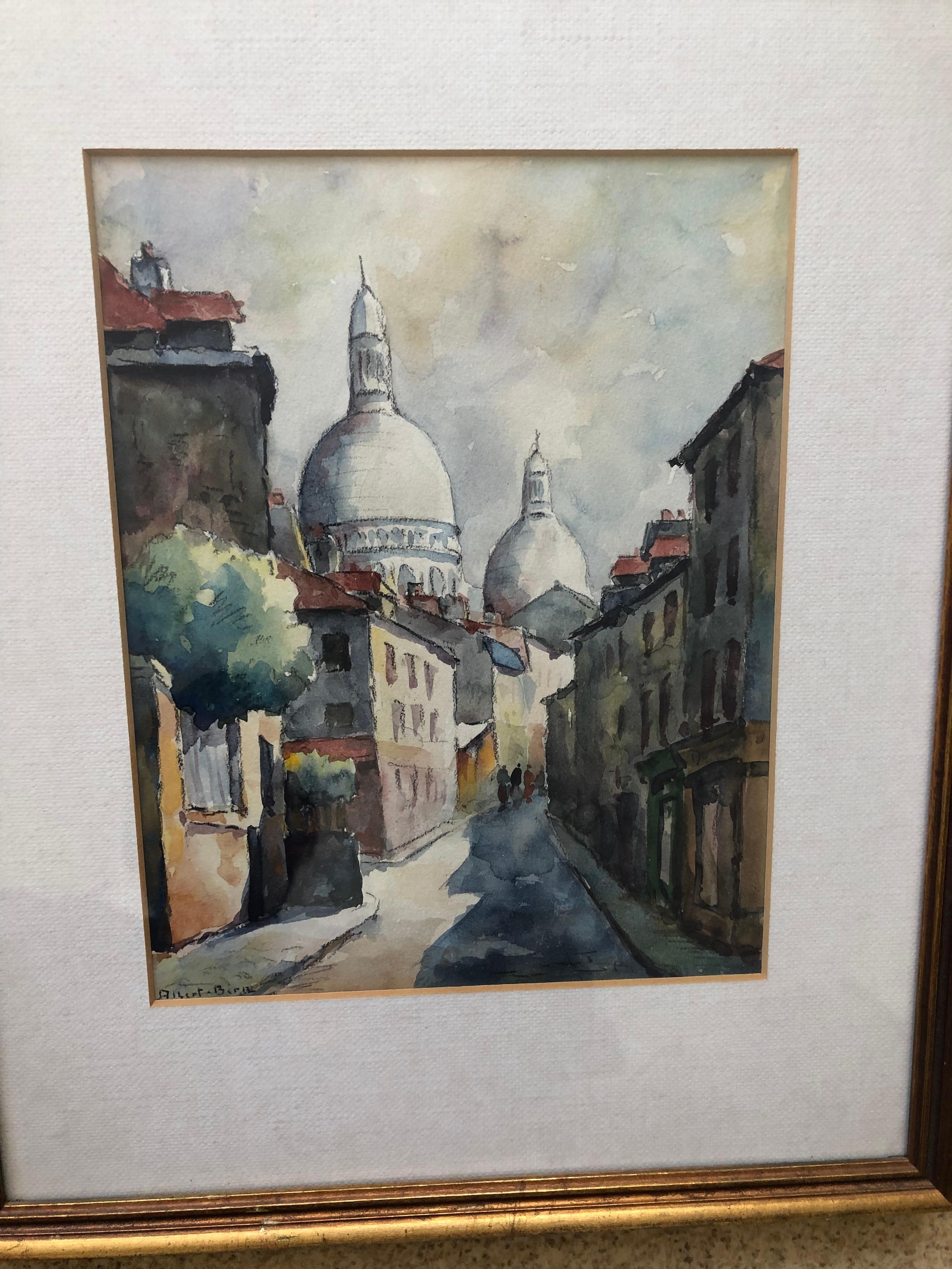 Albert Bern was a French artist born in 1898. He has auction results over $600. This charming watercolor of a French side street measures 9 inches wide by 7 high. The frame measures 14 inches high by 11 1/2 high. It is also beautifully custom matted.