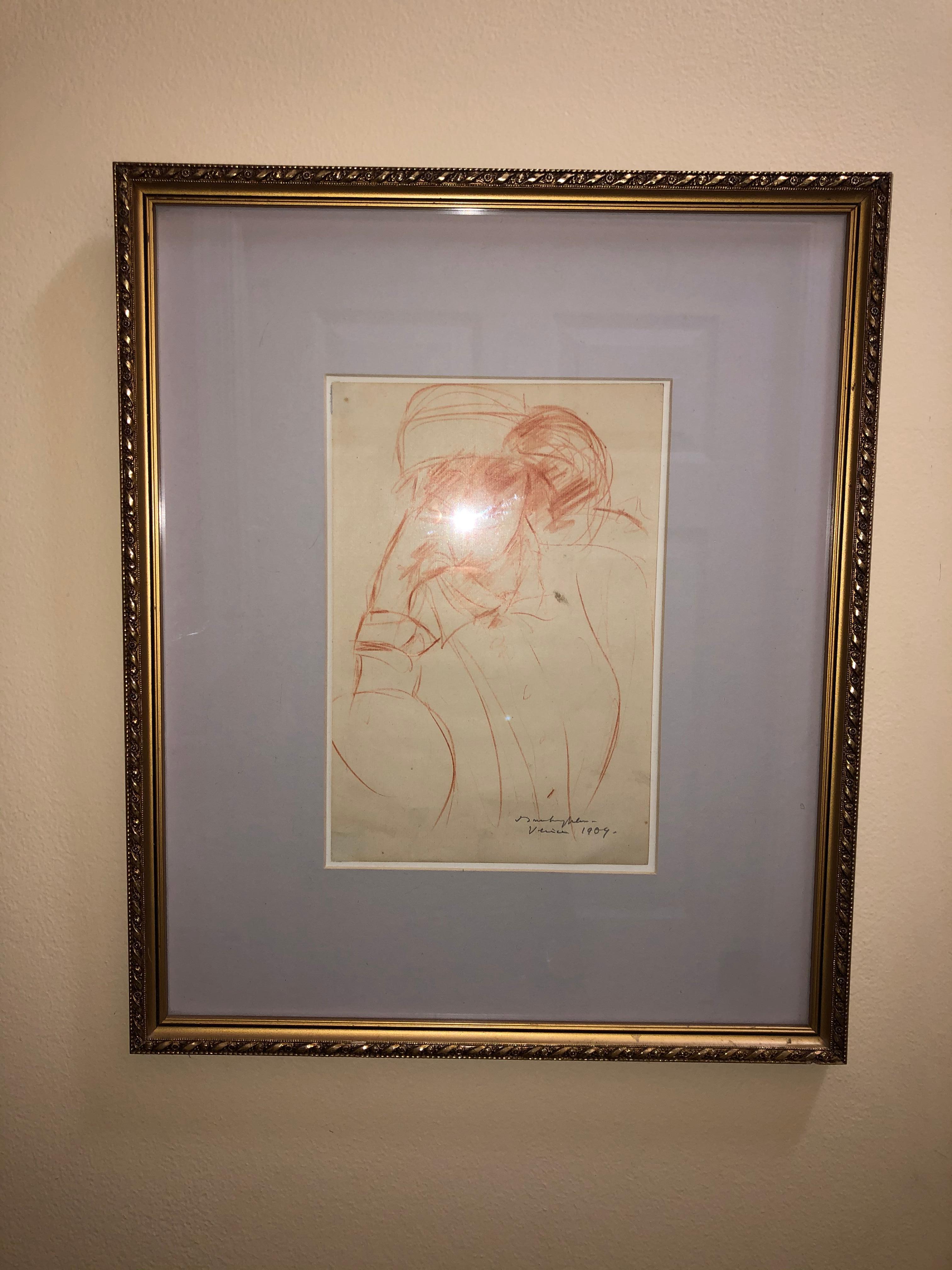 A bit of a mystery scholarly sanguine drawing. Very well executed portrait of a Lady dated either 1904, 1907, or 1909 in Venice. It is signed but I cannot make it out. The paper measures 10 inches high by 6 3/4 wide. The beautiful Custom made frame