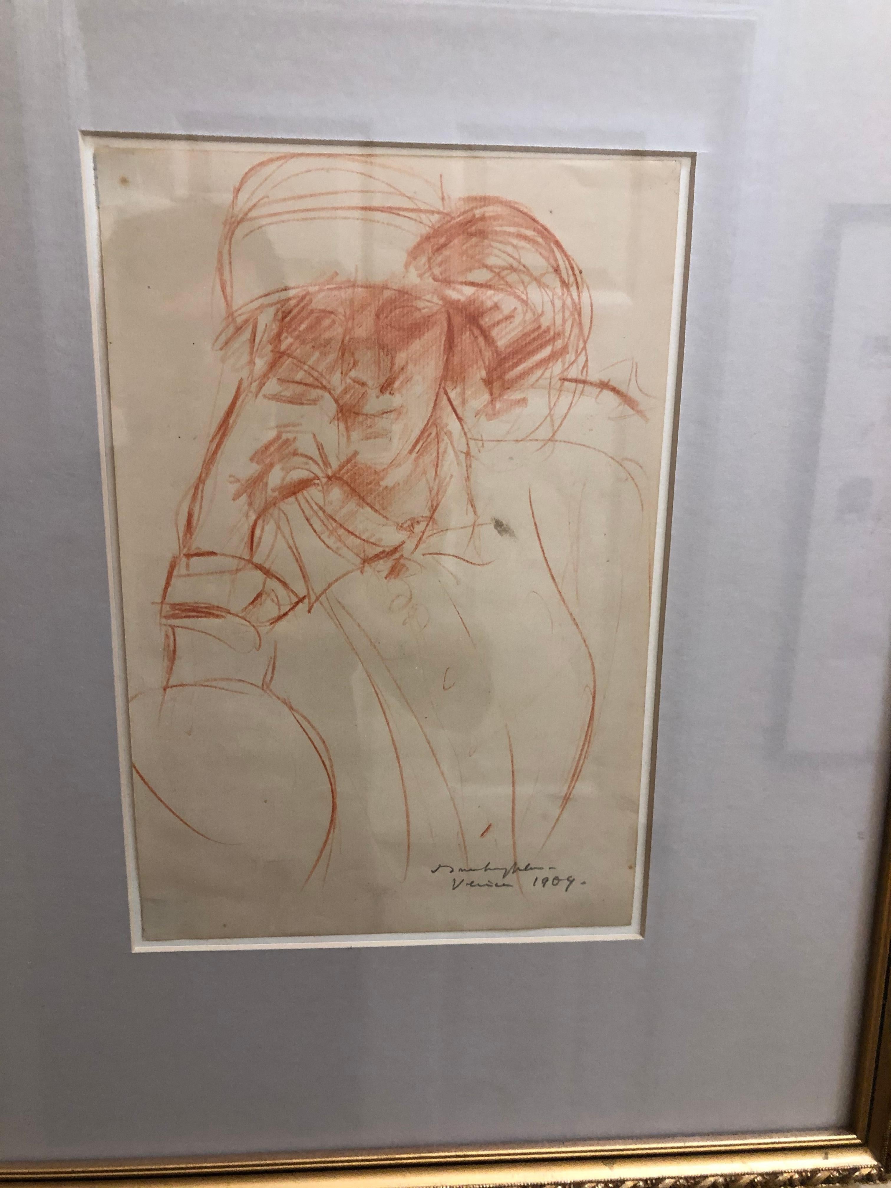 Early 20th Century Portrait in Venice Drawing For Sale 1