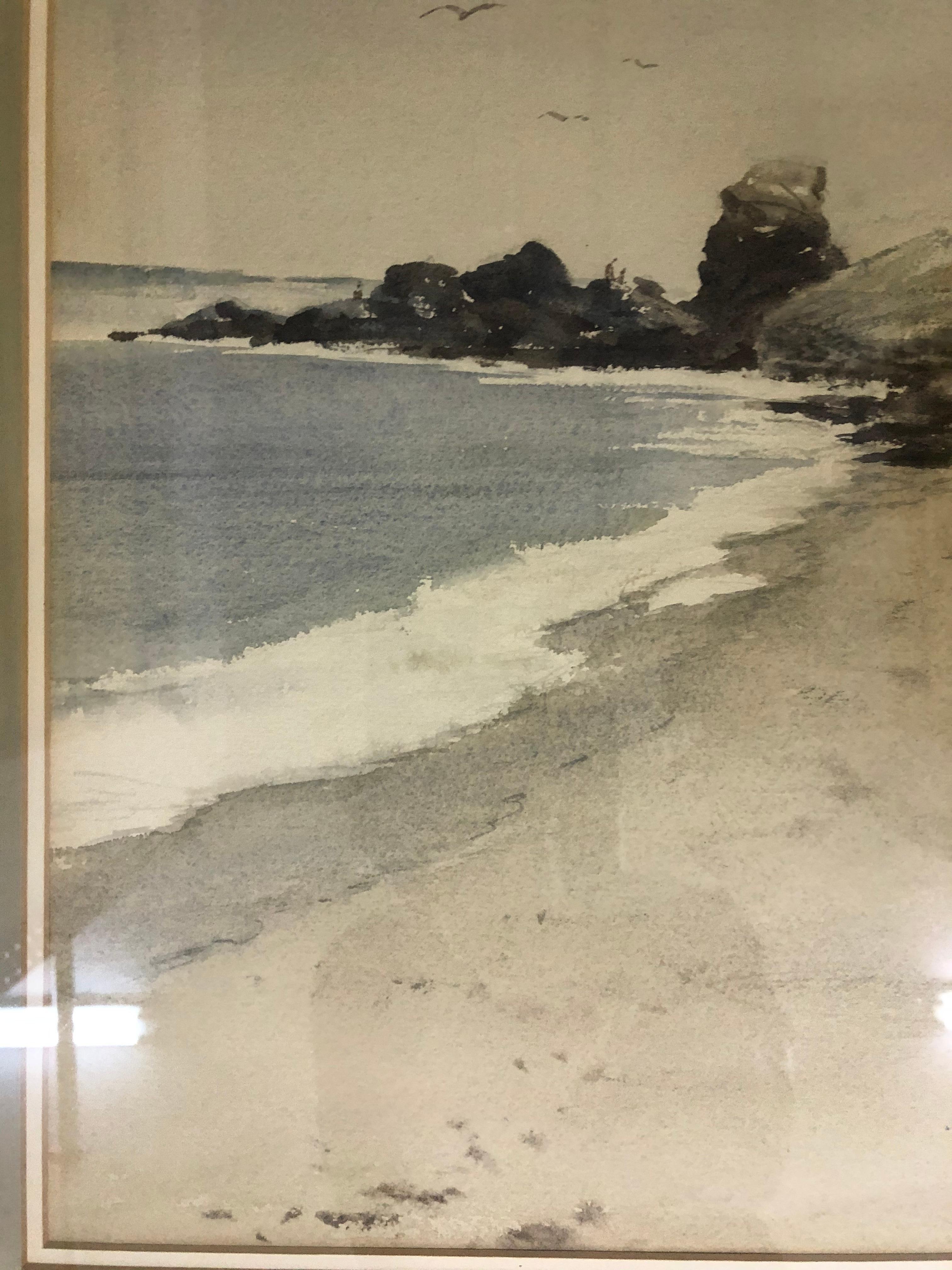 Charles Kinghan: 1895-1984. Nicht gelisteter amerikanischer Künstler mit Auktionsergebnissen über 2100 $. Dieses fantastische Aquarell eines Strandes in Corona Del Mar, Kalifornien, wurde wahrscheinlich Mitte des 20. Jahrhunderts gemalt. Es misst