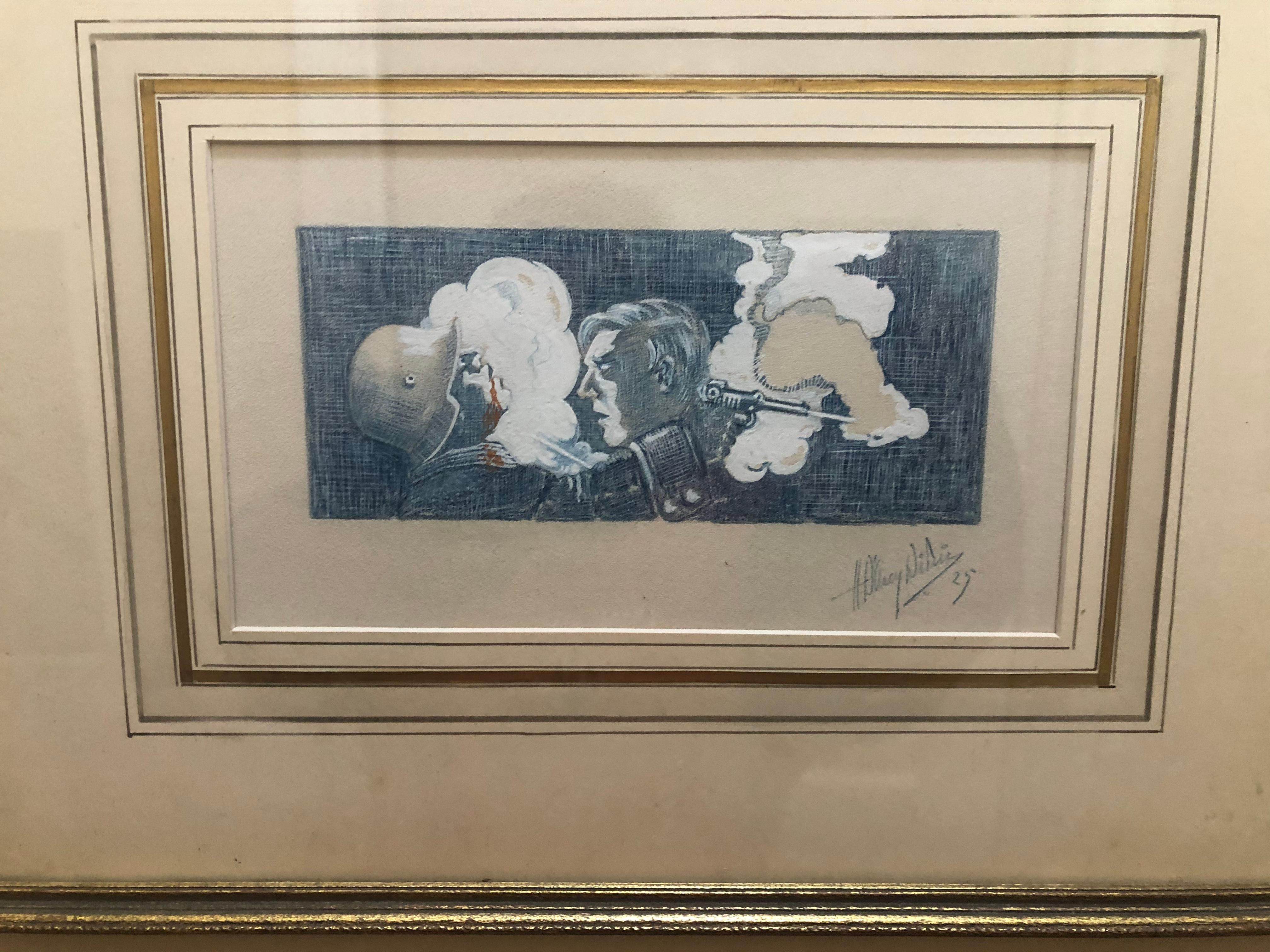 Rare example of WW1 art signed and dated 1925. Image shows either a French or American soldier after having shot a German soldier.Signature is illegible.. Piece  is housed in a very expensive matting  and frame.