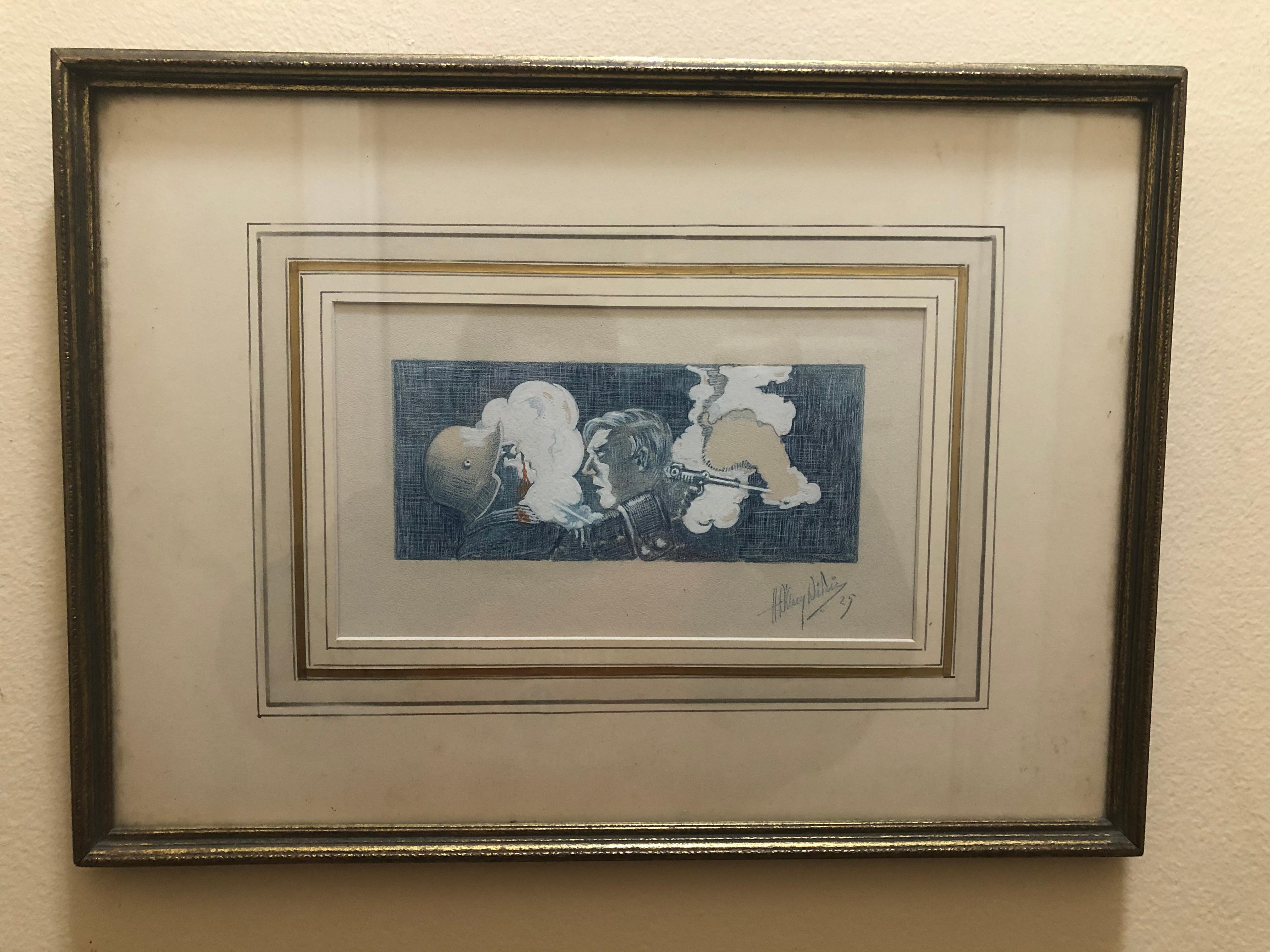 Seltenes Beispiel für Kunst aus dem Ersten Weltkrieg, signiert und datiert 1925. Das Bild zeigt entweder einen französischen oder einen amerikanischen Soldaten, nachdem er einen deutschen Soldaten erschossen hat - die Unterschrift ist unleserlich.