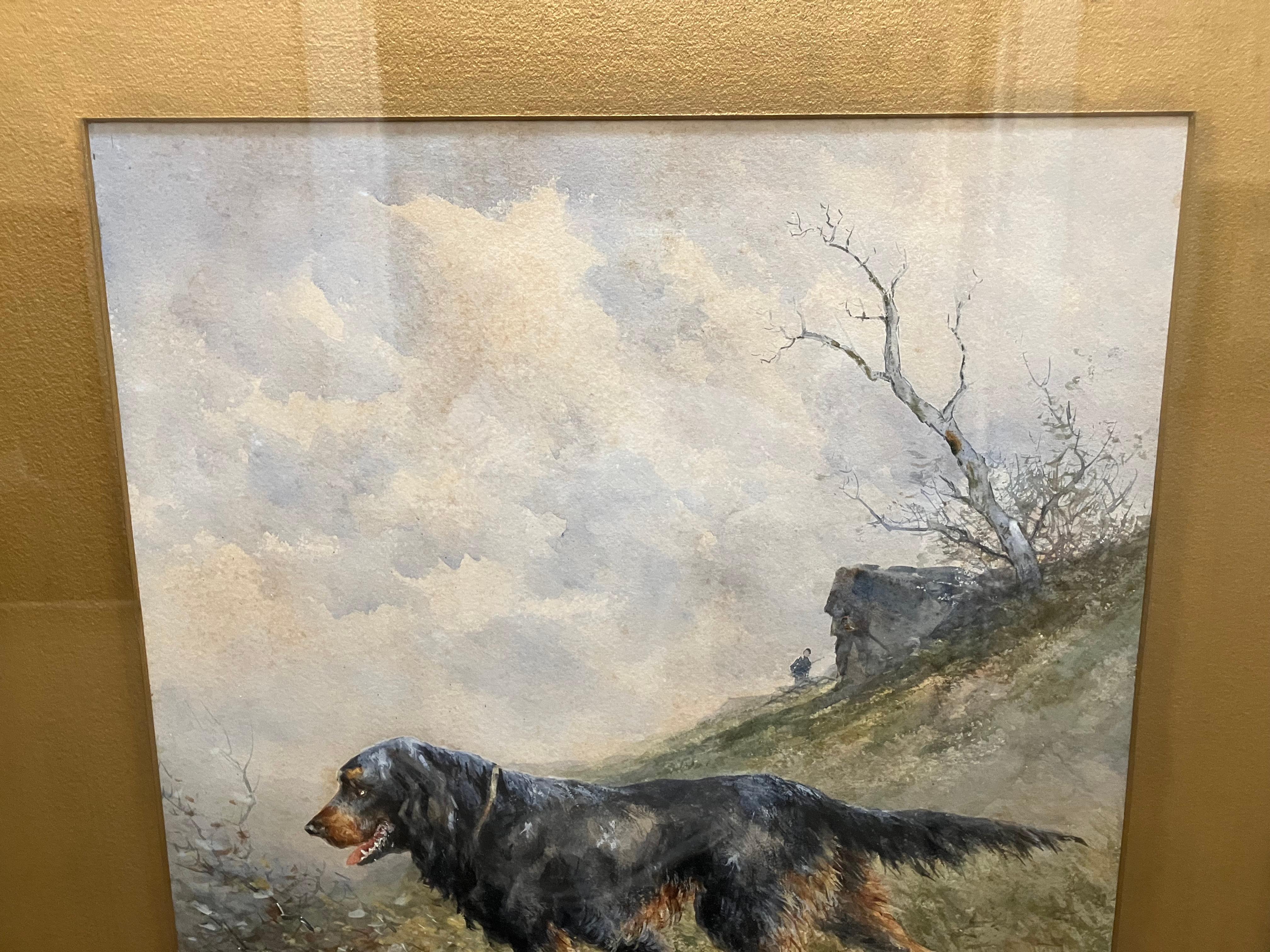 Hugo Anton Fisher : 1854-1916. Artistique américain bien répertorié, surtout associé à la Californie et à New York. Il a obtenu des résultats de vente aux enchères supérieurs à 38,000 dollars. Cette fabuleuse aquarelle représentant un setter