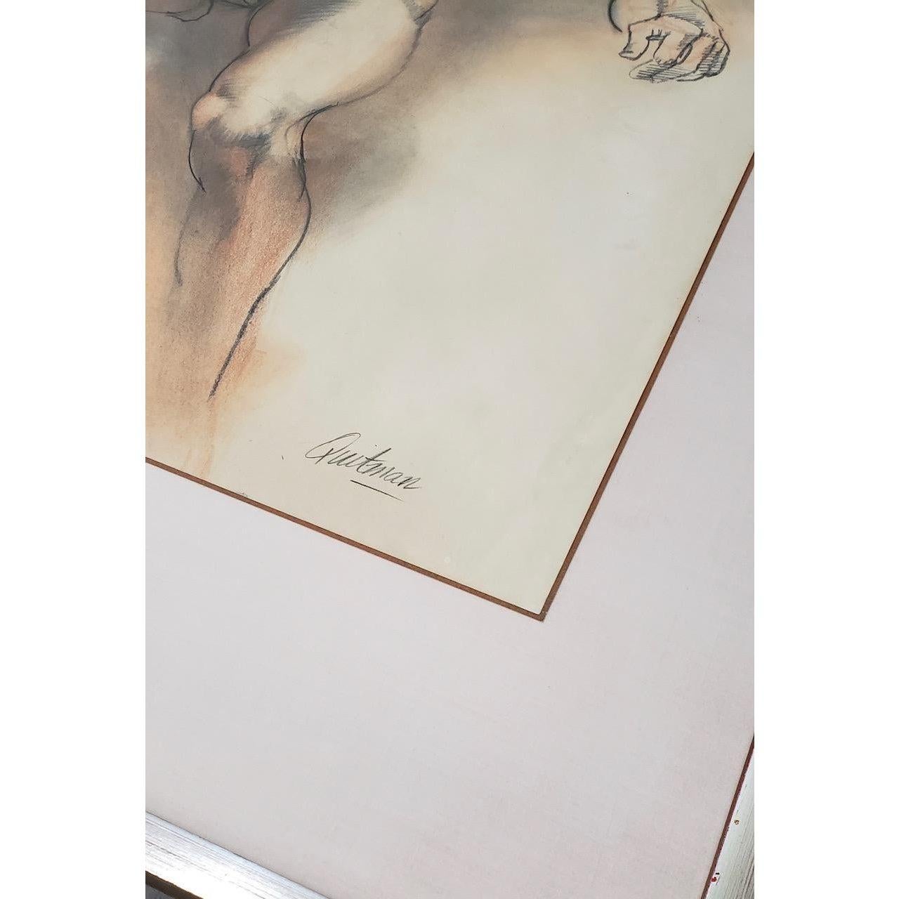 Gerahmte figurale Aktstudie in Holzkohle von John Quitman, Vintage 1