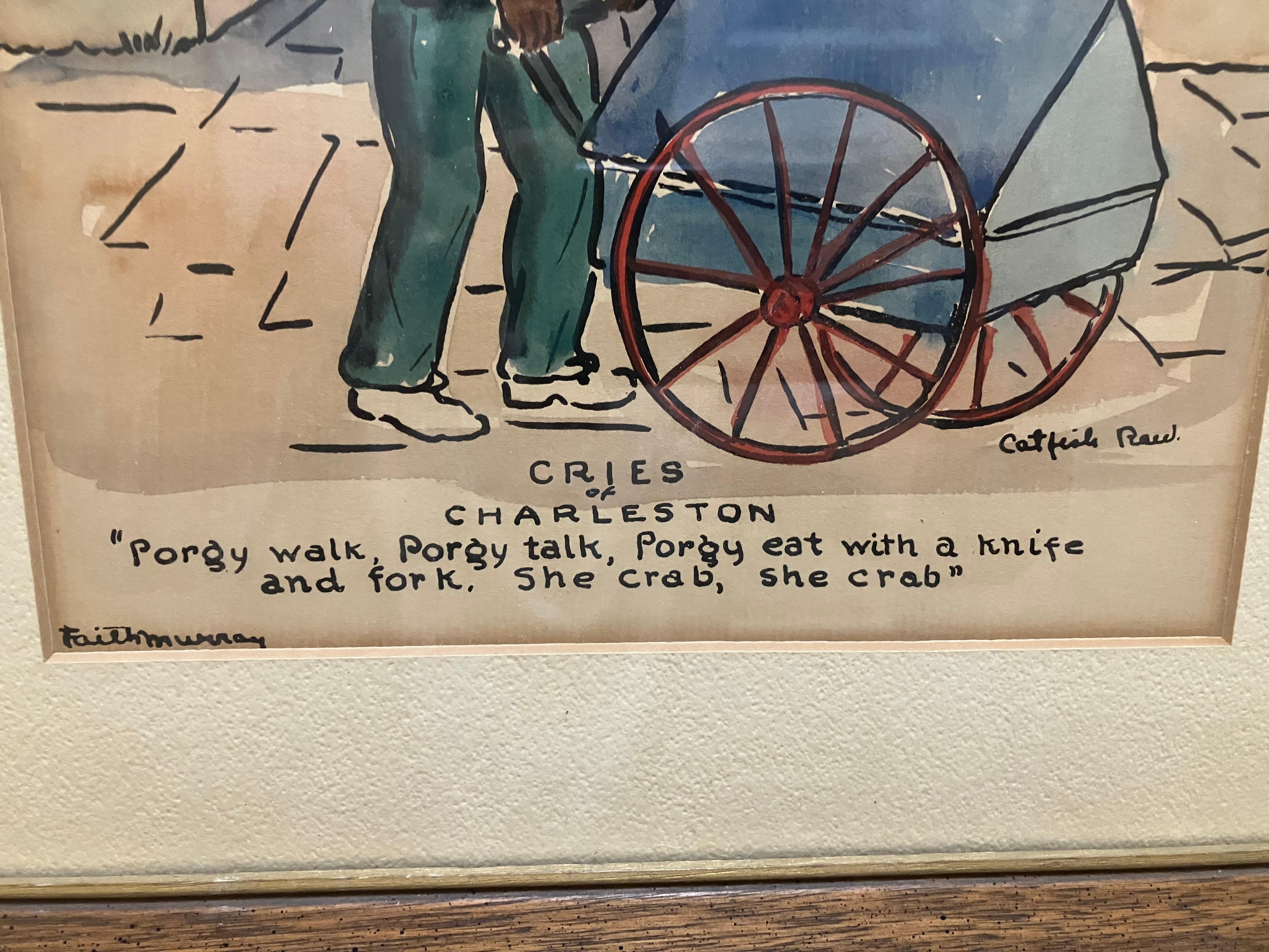 Faith Cornish Murray:1897-1984. Charleston South Carolina artist known for portraying every day Charleston natives. This watercolor measures 10 1/2 inches high by 8 inches wide. The frame measures 14 1/2 inches high by 12 1/4 inches wide.