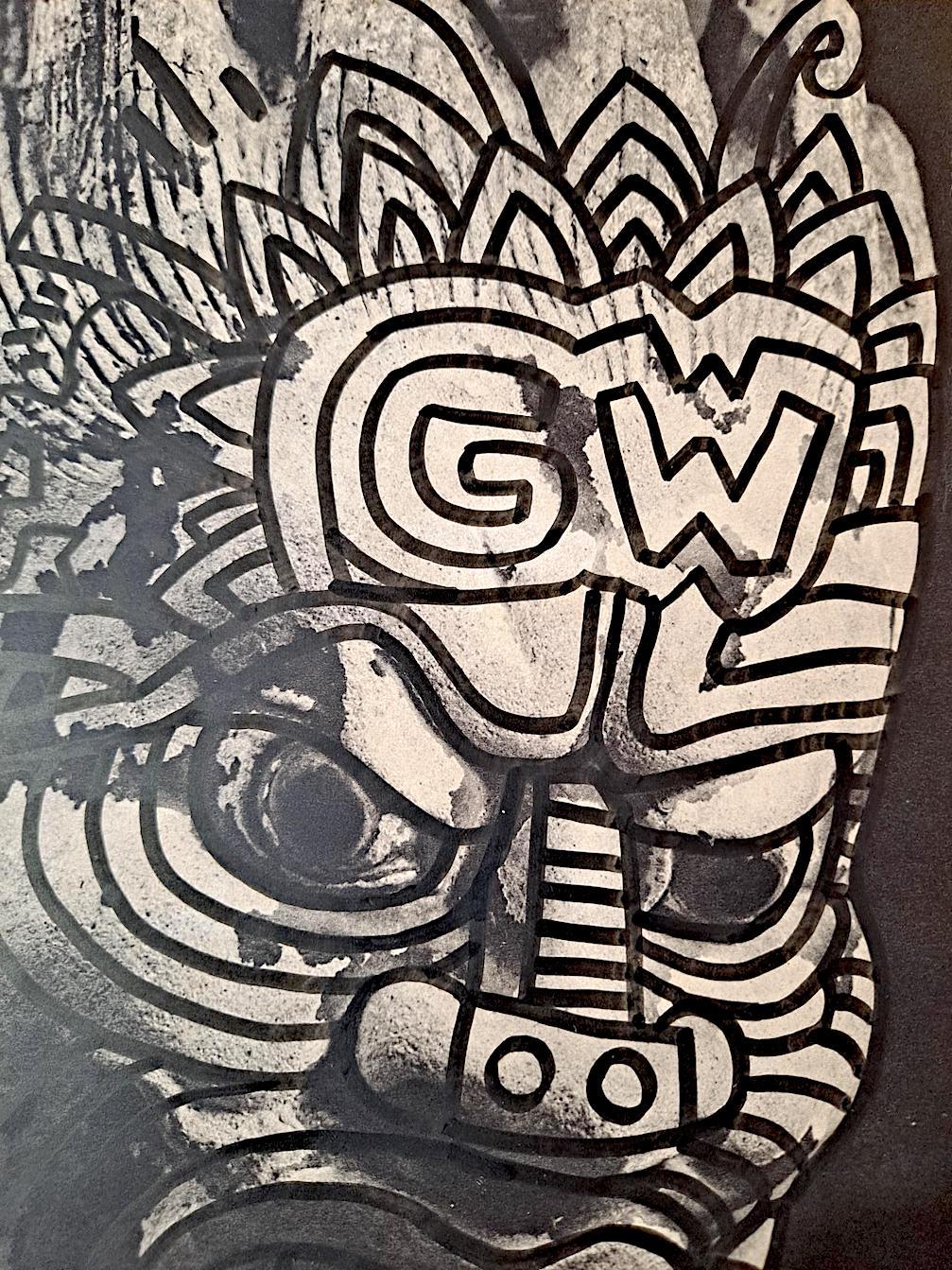Keith Haring, Ohne Titel (Schwarze Tuschezeichnung auf einem japanischen Wächterfigurendruck) im Angebot 2