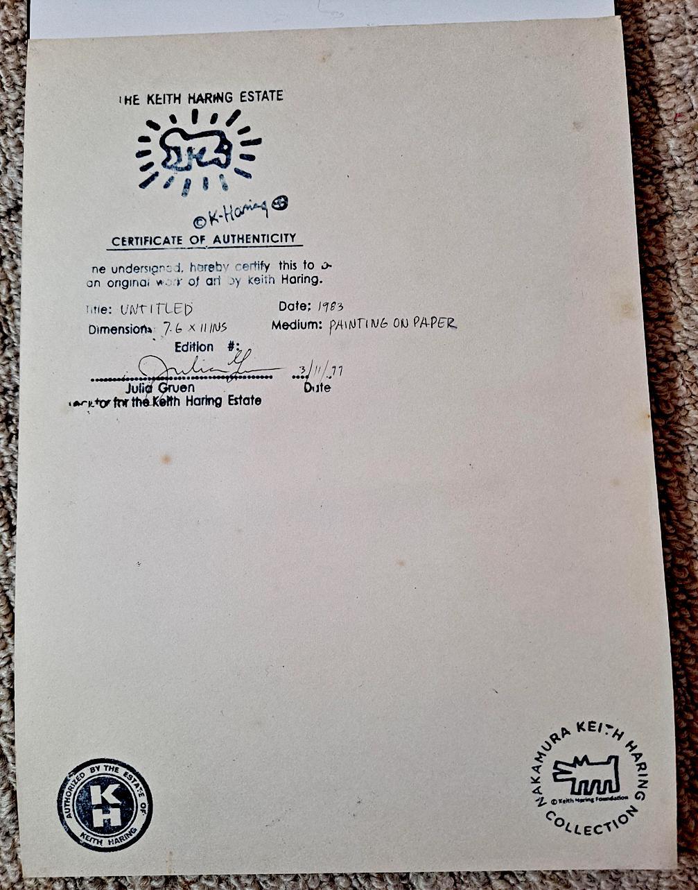 Keith Haring, Ohne Titel (Schwarze Tuschezeichnung auf einem japanischen Wächterfigurendruck) im Angebot 8