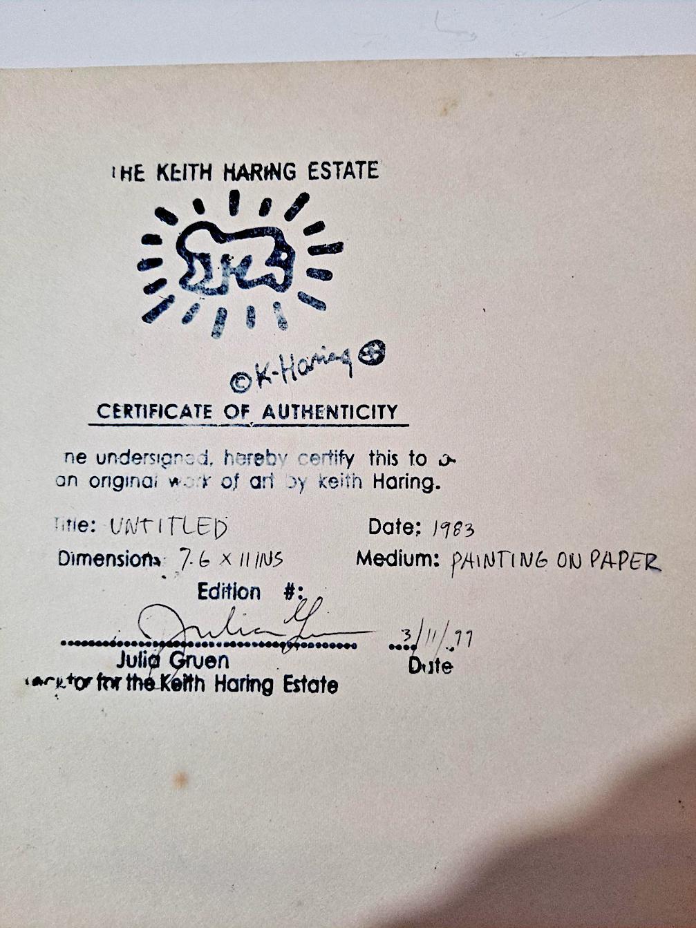 Keith Haring, Ohne Titel (Schwarze Tuschezeichnung auf einem japanischen Wächterfigurendruck) im Angebot 9