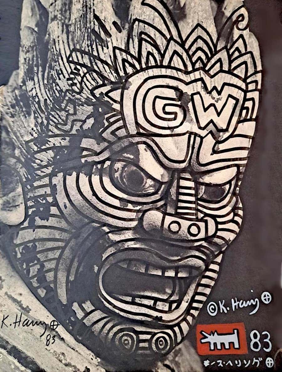 Keith Haring, Untitled (Black ink drawing atop a Japanese Guardian Figure print)