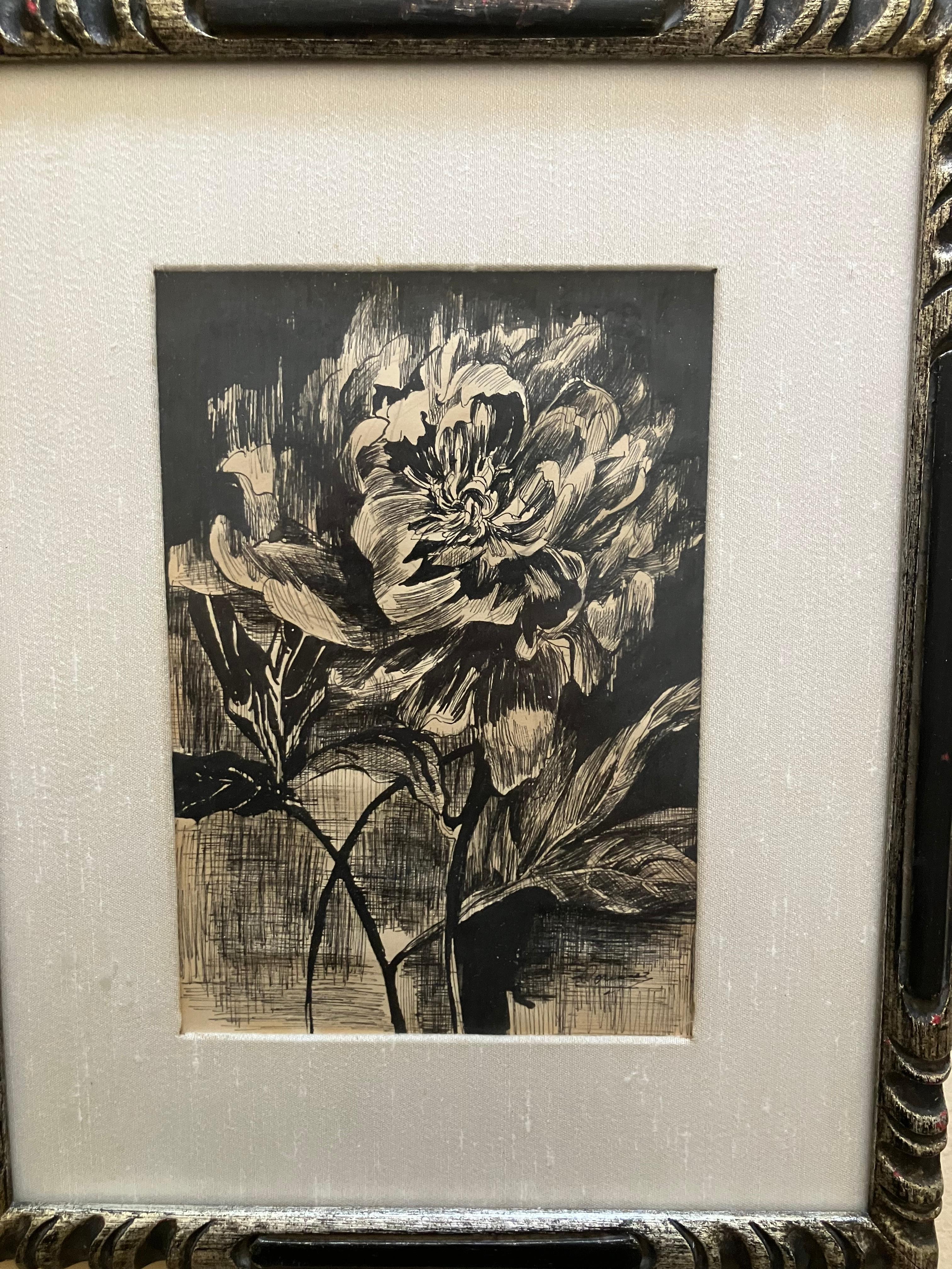 Unknown Still-Life - Mystery Signed Pen and Ink Floral