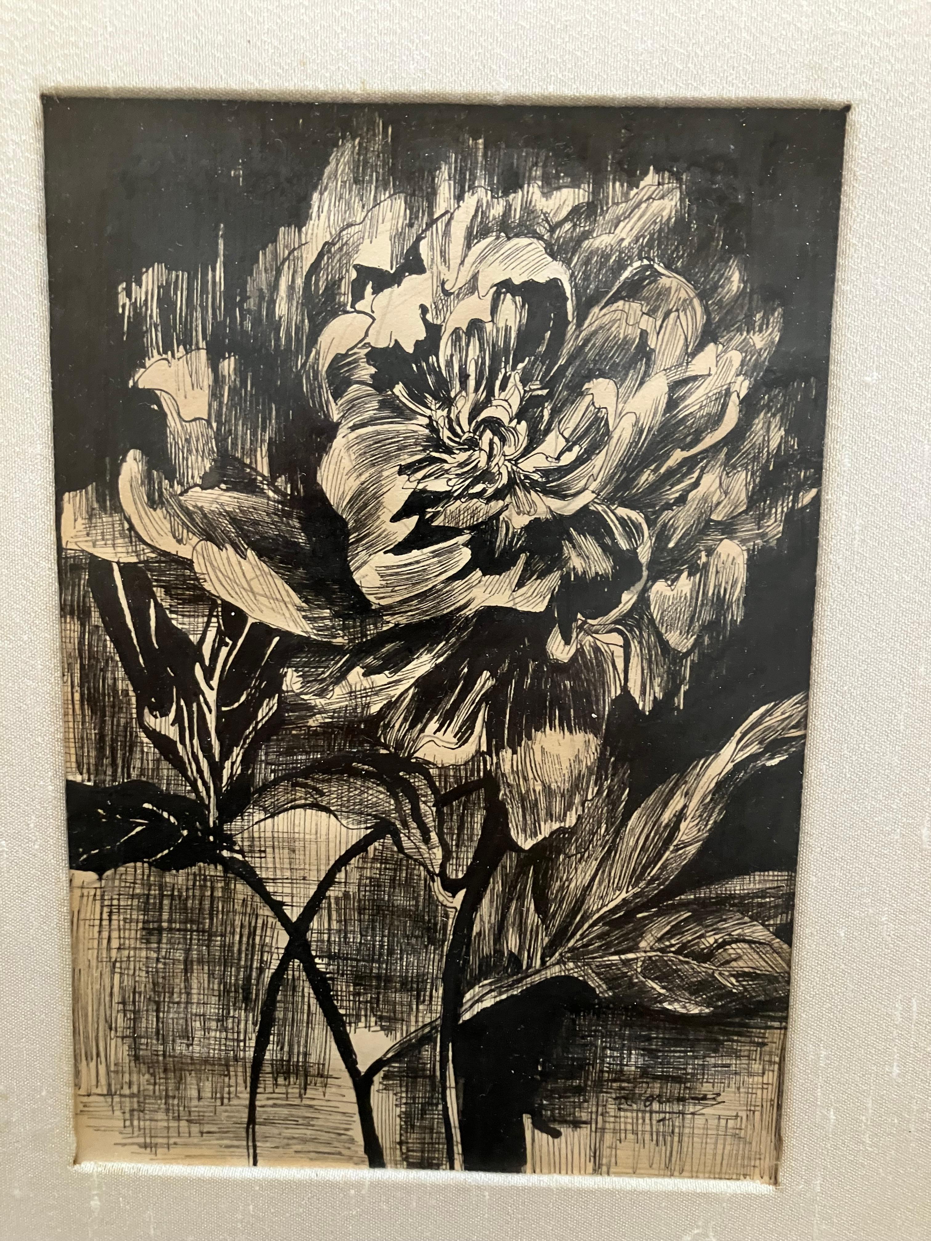 Mystery Signed Pen and Ink Floral - Academic Art by Unknown