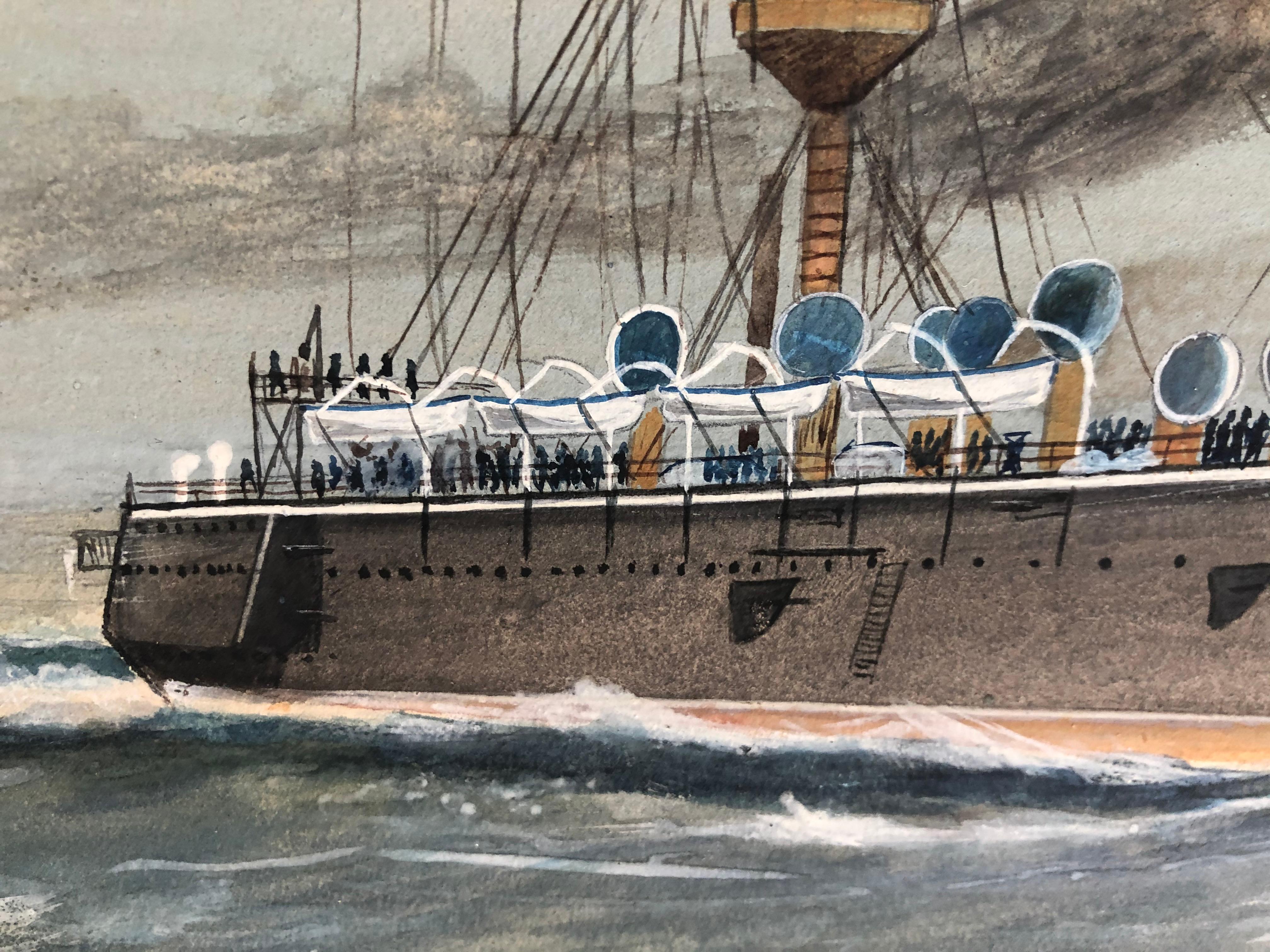 Aquarelle ancienne de 1904. Le HMS Powerful était un destroyer britannique bien connu et très important, utilisé pendant la deuxième guerre des Boers et peut-être pendant la Première Guerre mondiale. Cette magnifique représentation est une aquarelle