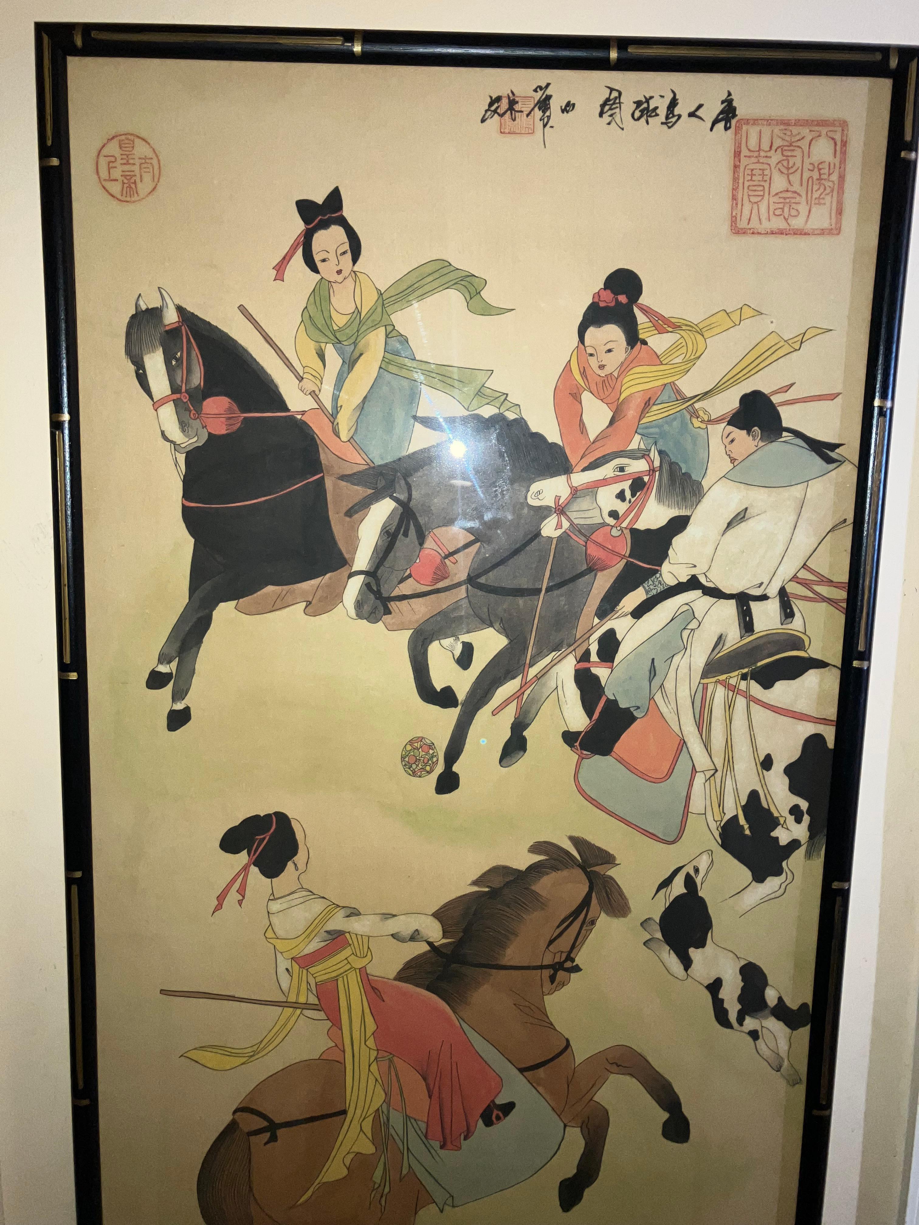 Fabulous antique Chinese watercolor The colors are incredible. I was told by a Chinese Art Dealer that this is from or after Emperor Qin Shi Huang Qin dynasty. The scene is people playing game Jiju, which was the forefather of polo. The piece is in