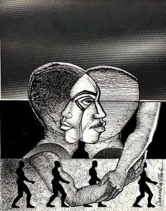 Dibujo a Pluma y Tinta de Dos Hombres Abrazados