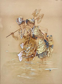 Two 1890s Young Women Wading at the Beach