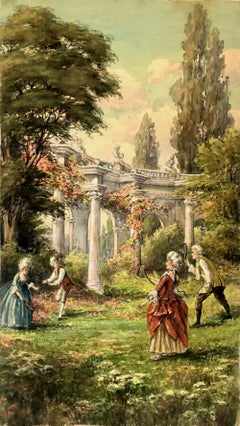 Belle Epoque Watercolor of 18th-century Courtiers Playing Shuttlecock Game