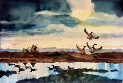 Mid-Century Watercolor of Duck Hunters and Mallard Drakes at Dawn