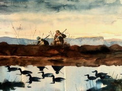 Mid-Century Watercolor of Duck Hunters and Mallard Drakes at Dawn